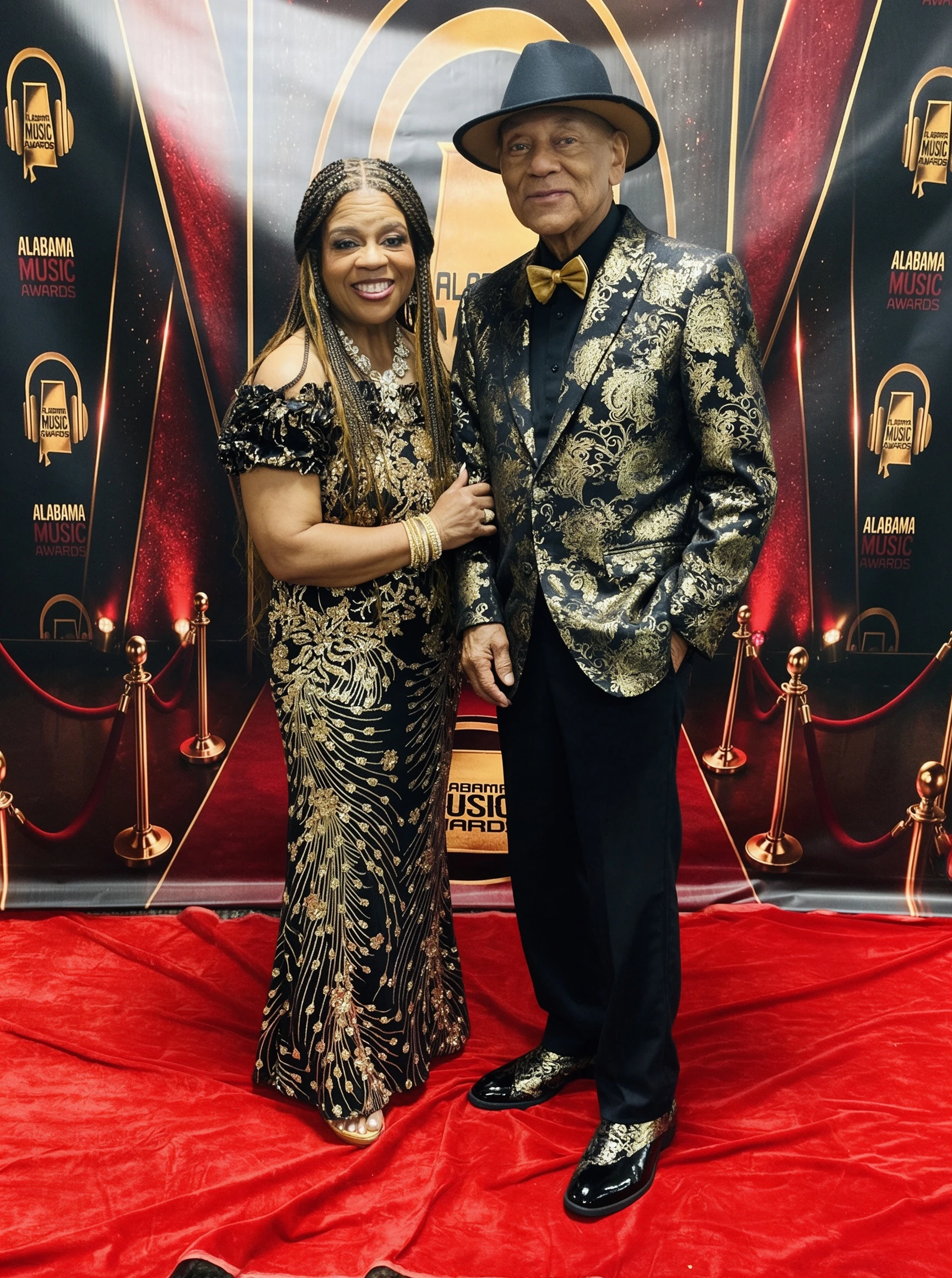 Matching black and gold couple portrait at awards night