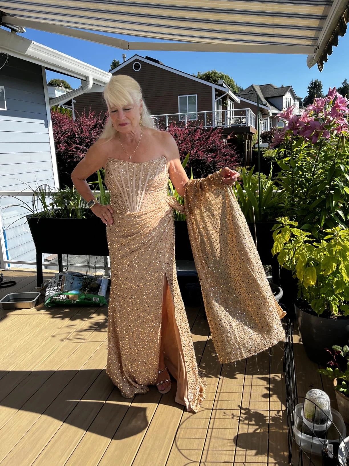 Gold sequin corset gown with detachable shawl