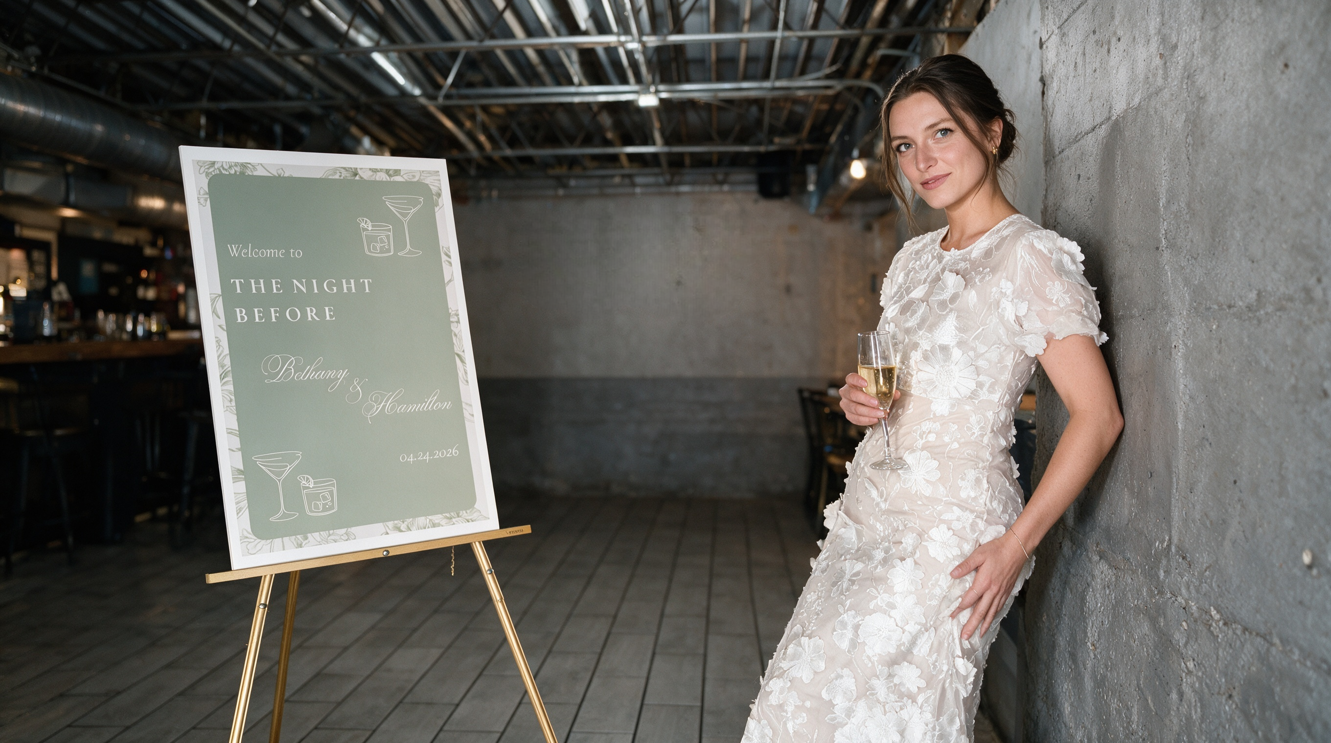 Wearing a white floral lace rehearsal dinner dress while leaning against a wall