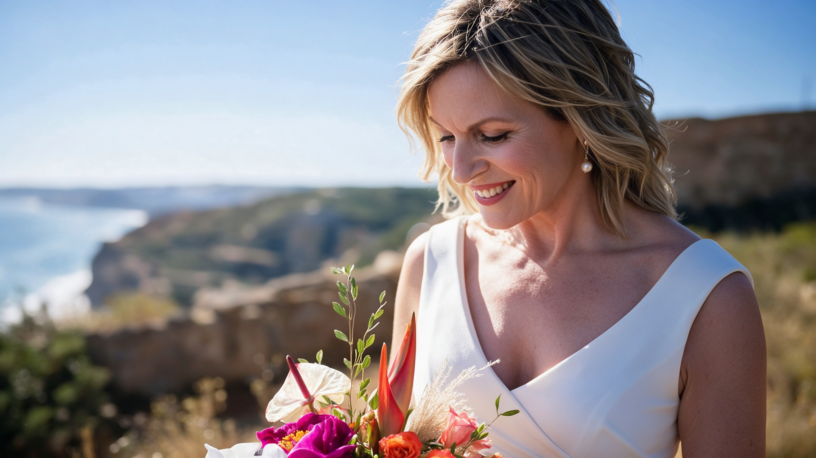 Bride looking down at bouquet in ivory crepe sheath wedding dress in Portugal