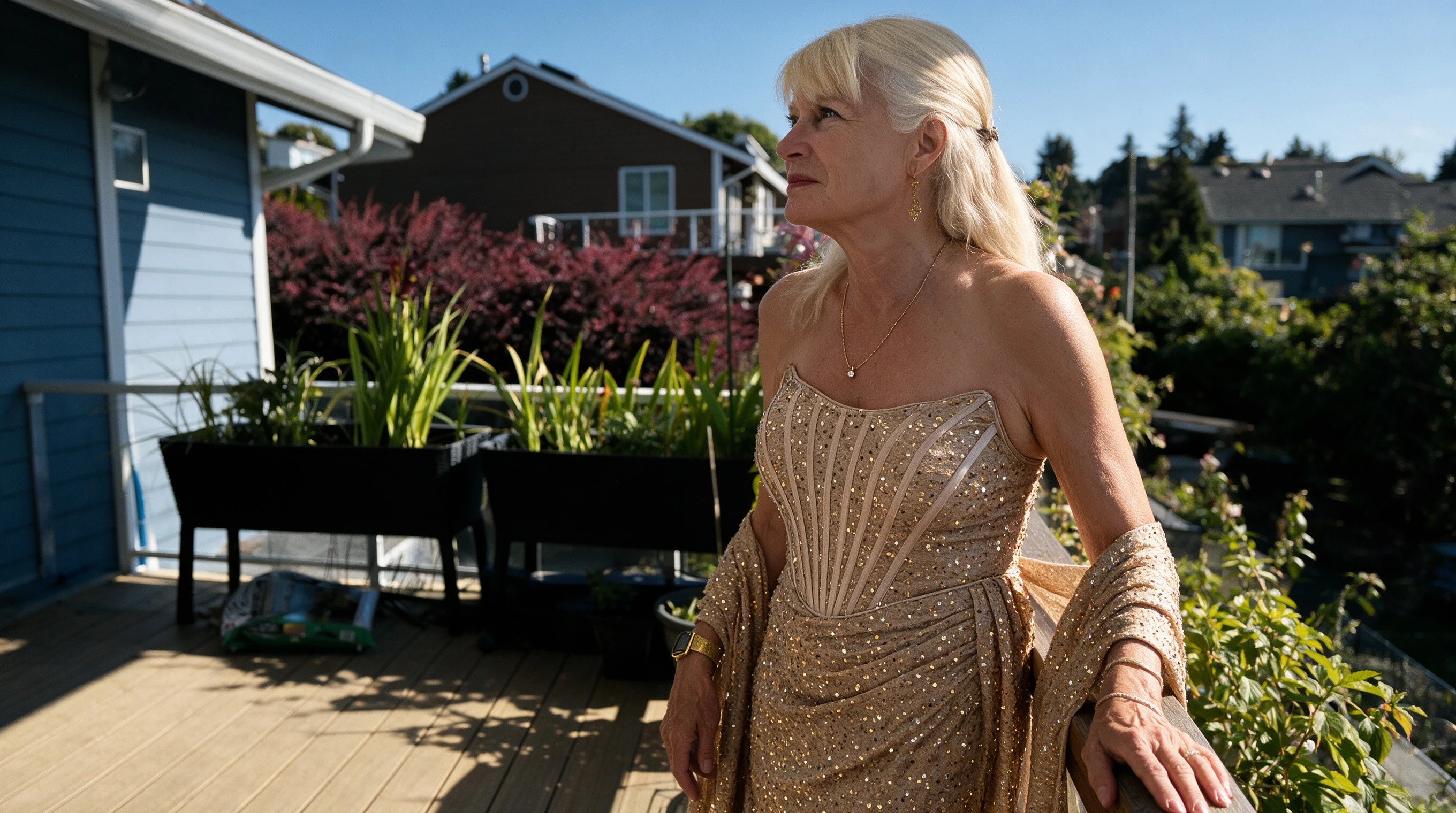 Woman wearing a gold sequin corset gown