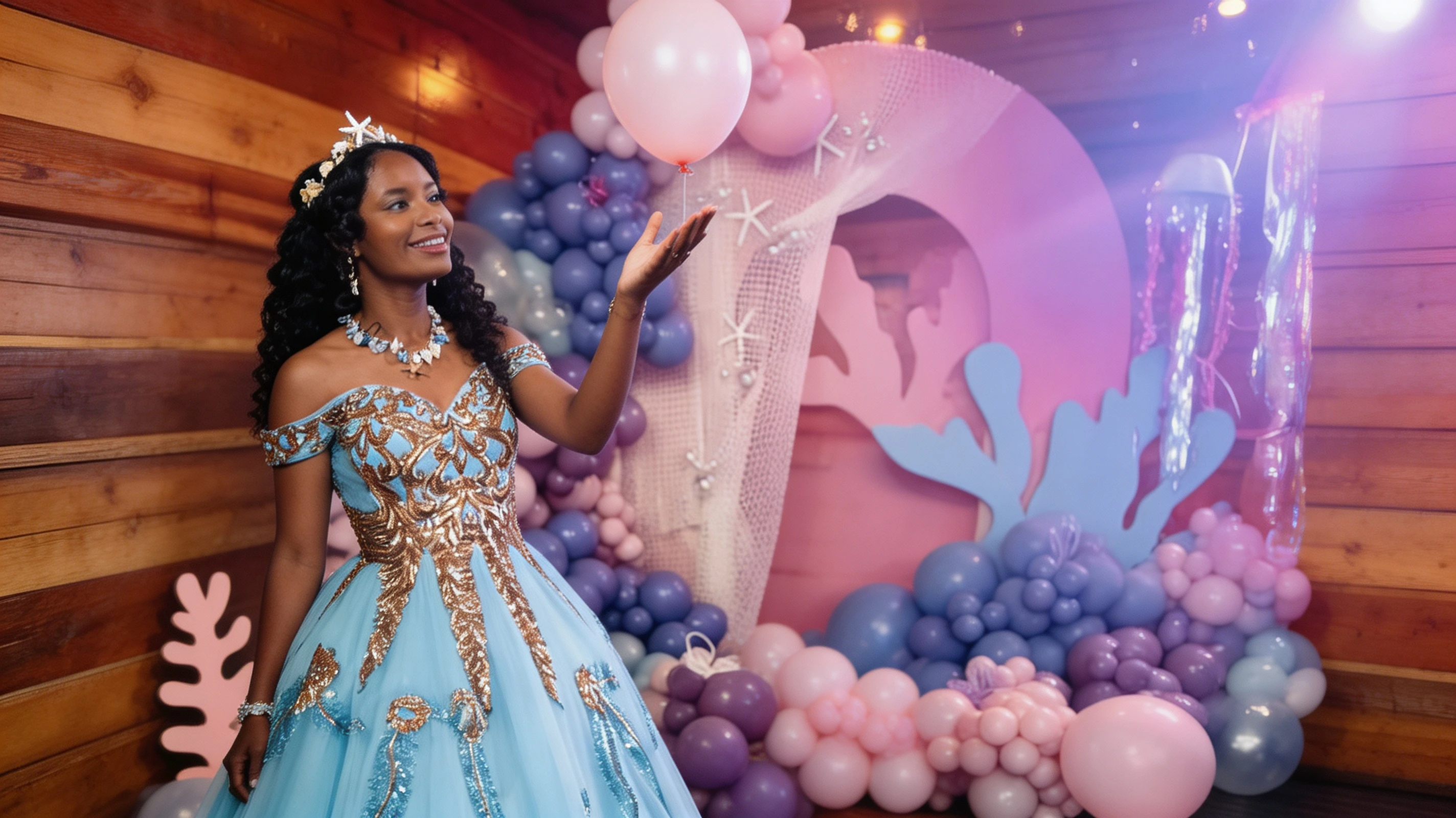 Turquoise formal ball gown styled for an elegant Under the Sea prom theme