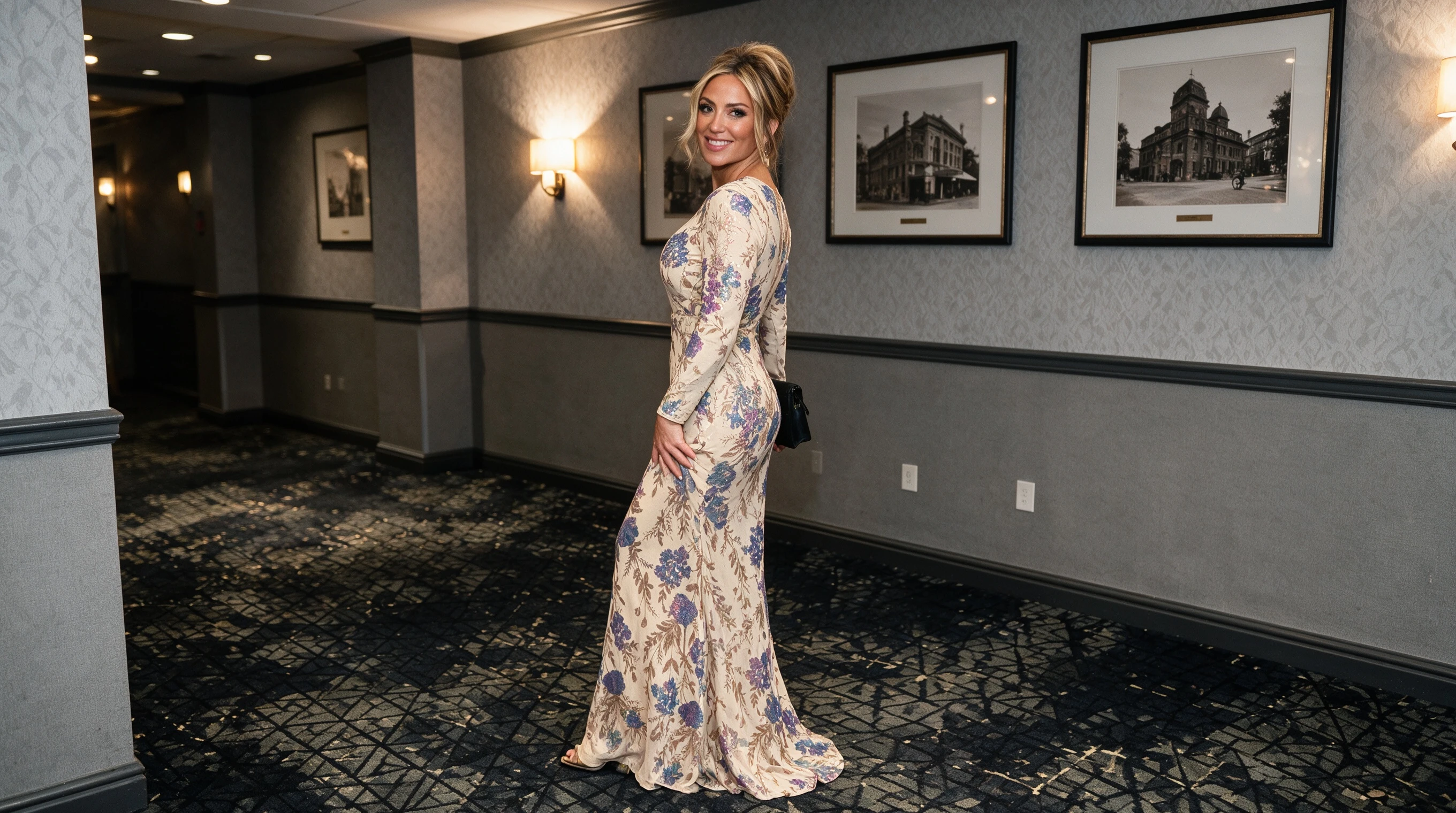Woman twirling in a long champagne floral sequin formal gown