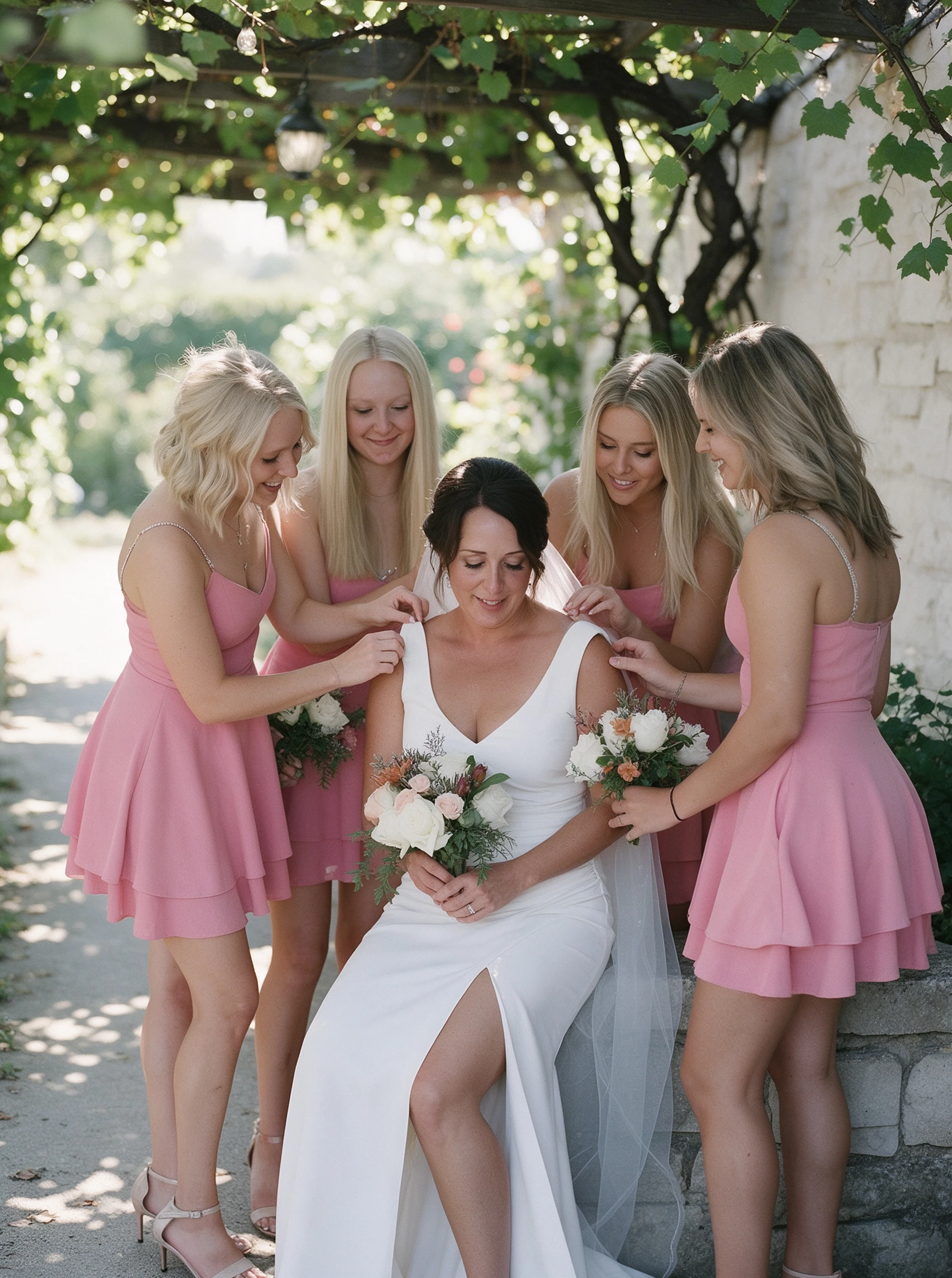 Blush bridesmaids fixing the bride's veil before the winery wedding