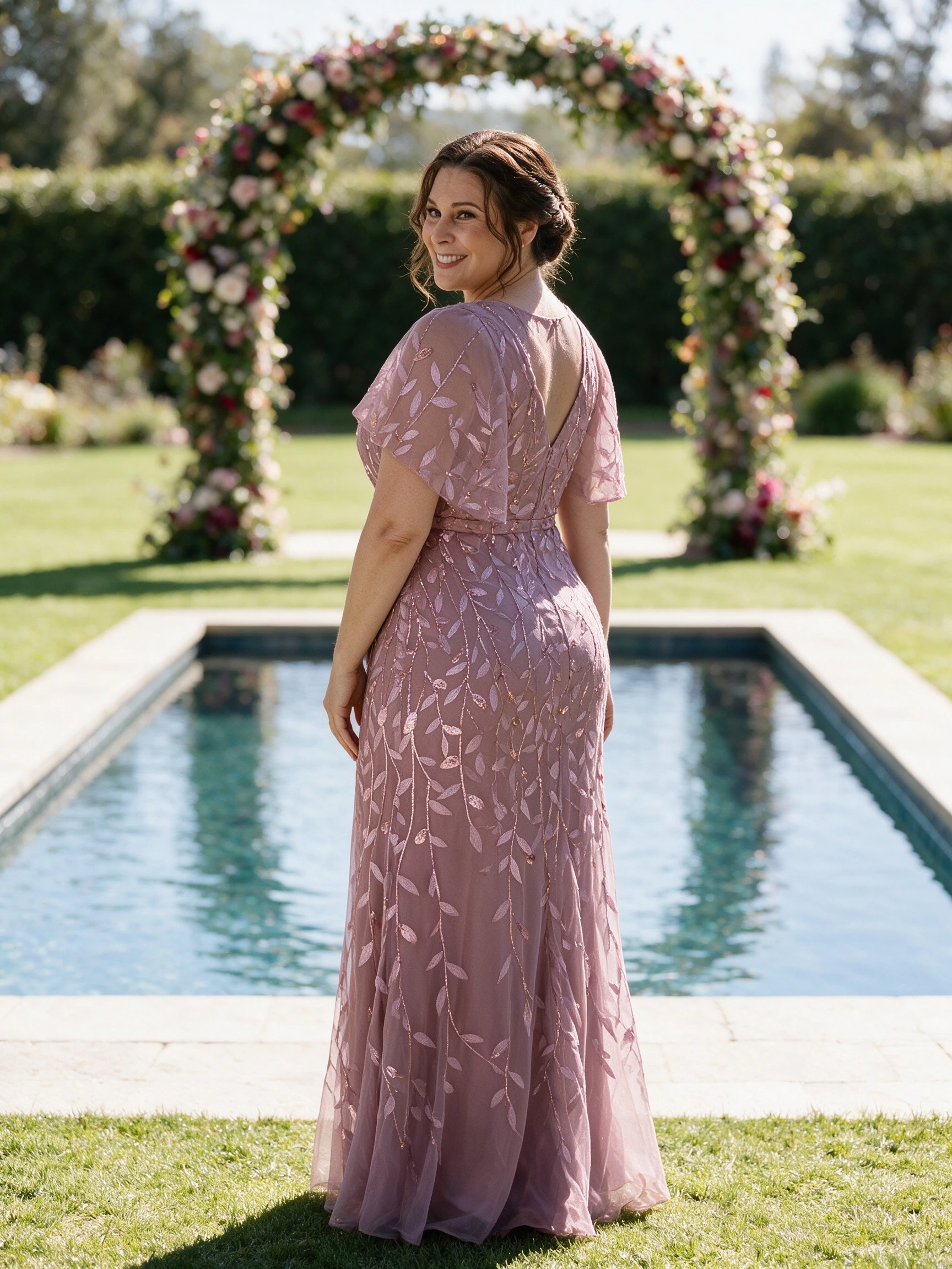 Full length portrait of a mother wearing a dusty rose wedding gown