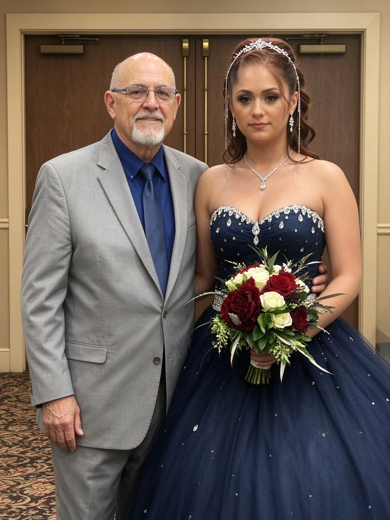 Bride walking down the aisle in a navy blue wedding gown