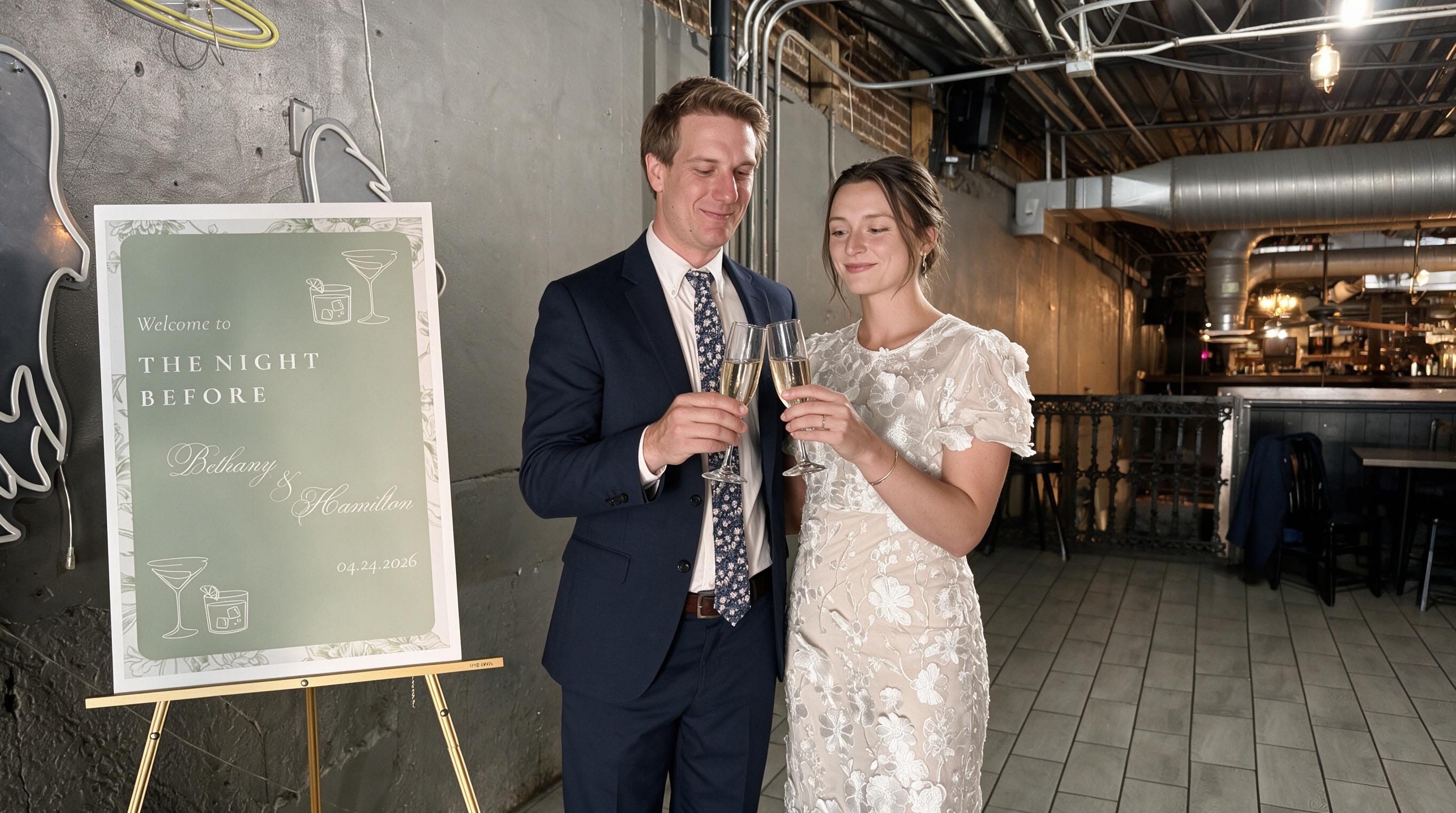Toasting with champagne glasses while wearing a white lace rehearsal dinner dress