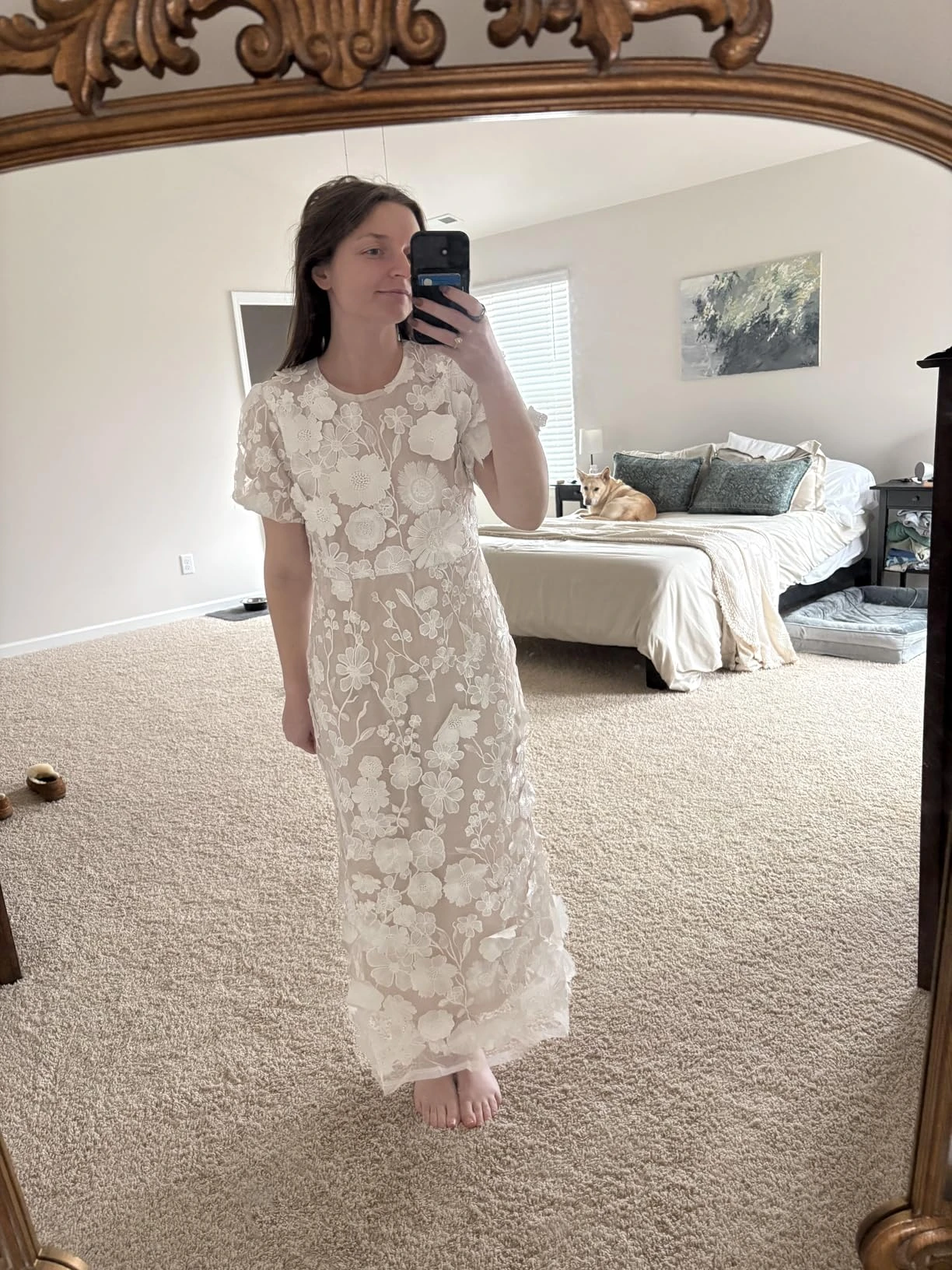 Front mirror selfie showing the final fit of my white lace rehearsal gown