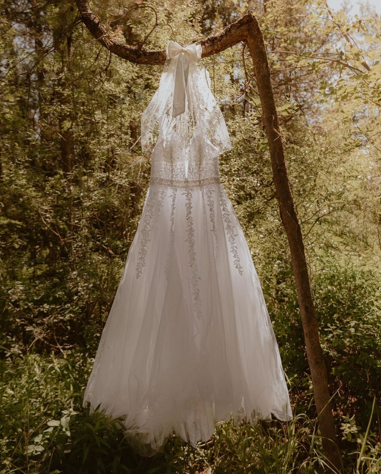 Lace tulle wedding dress hanging from a tree branch in a green woodland setting