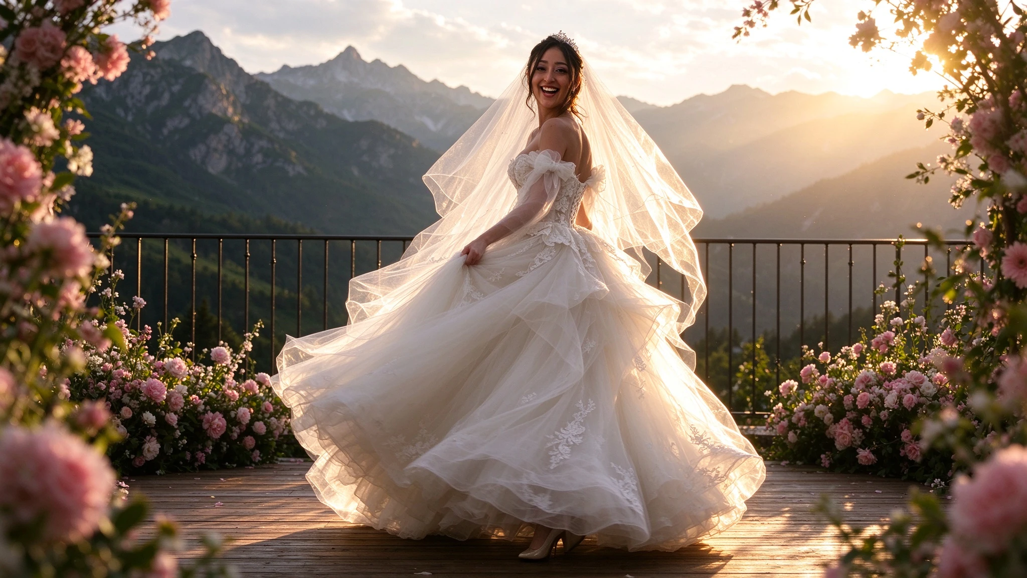 Bride twirling a layered ivory tulle ballgown skirt at golden sunset