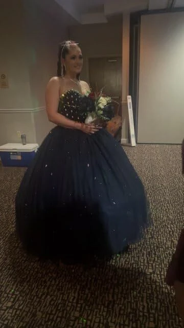 Navy Quincea&ntilde;era dress worn as a wedding gown