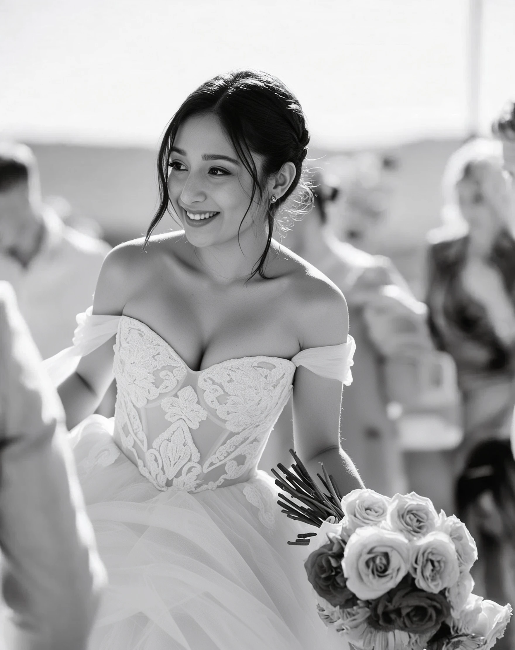 Bride walking down the aisle wearing an off the shoulder tulle wedding dress