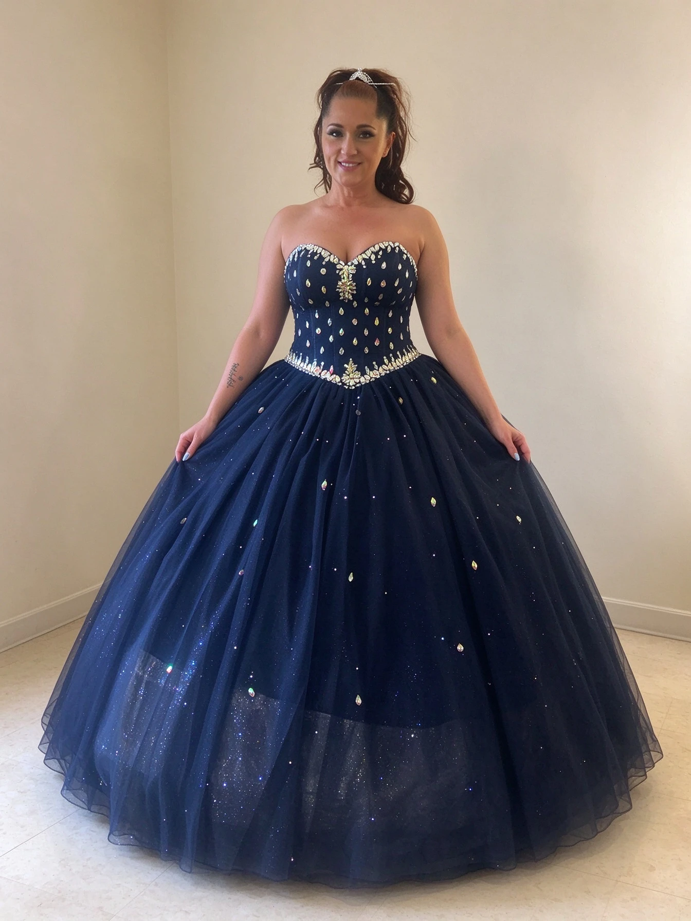 Navy blue wedding gown with a petticoat creating a full princess silhouette