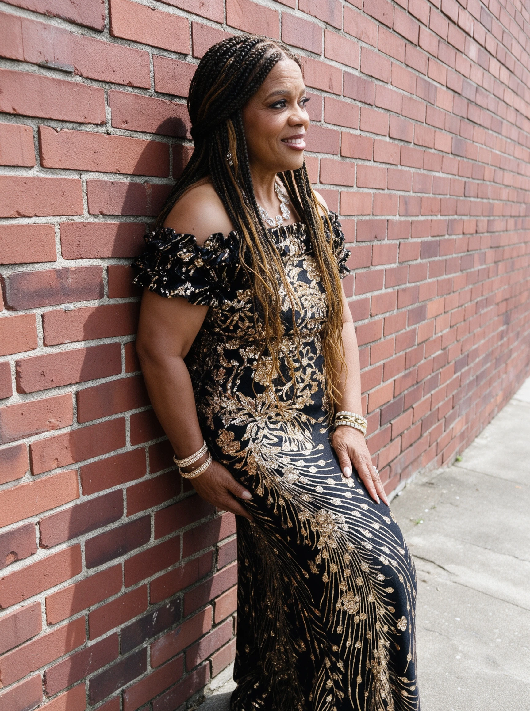 Sequin evening gown against textured brick wall