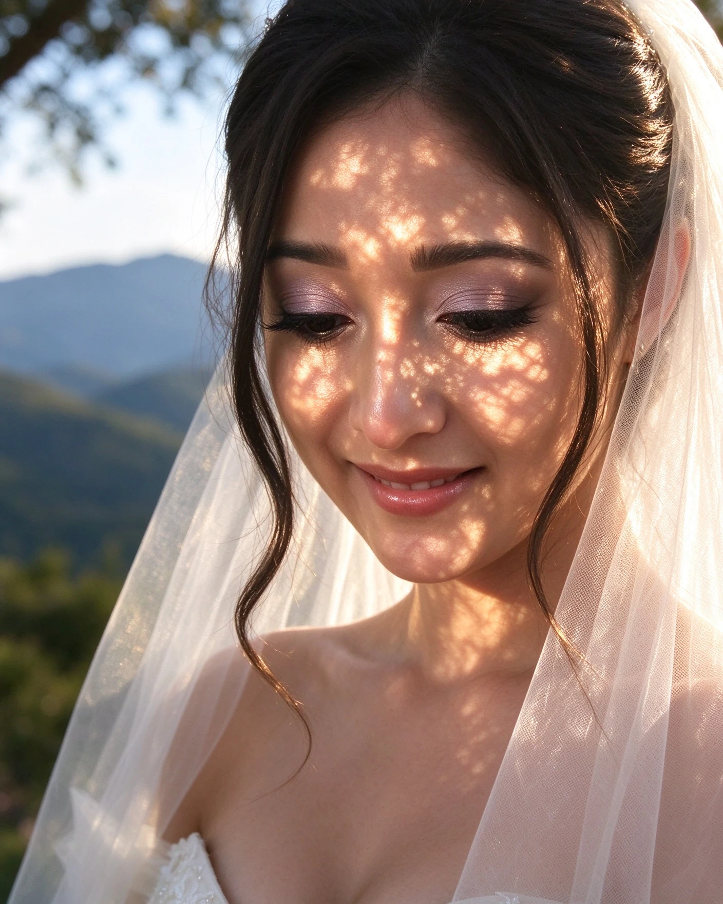Bride wearing a sheer bridal veil in golden sunset light at an Istrian vineyard wedding
