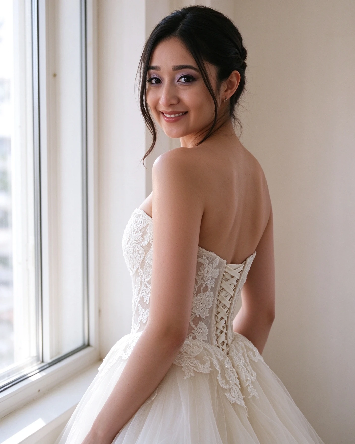 Strapless low back wedding dress photographed in soft window light