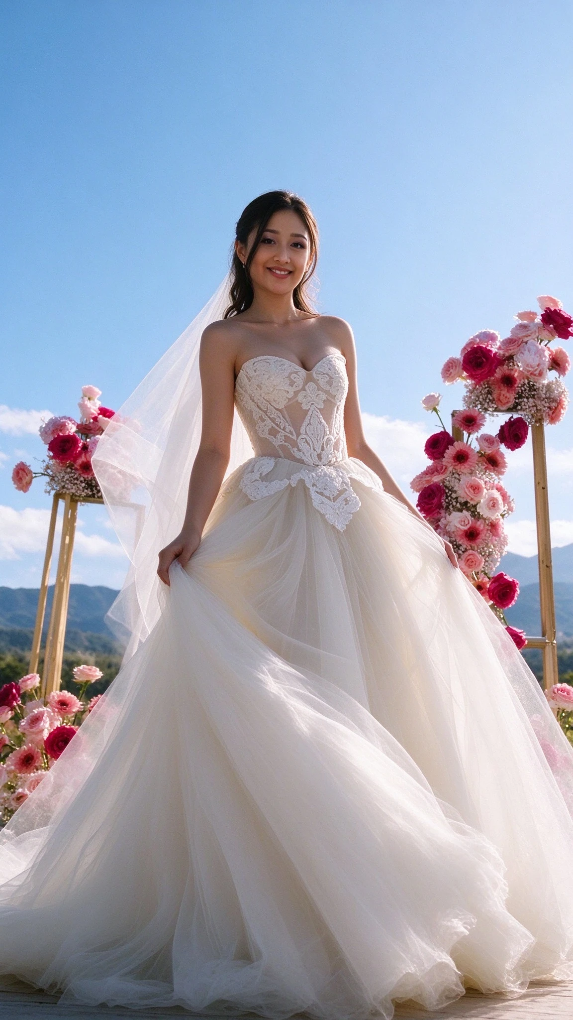 Bride wearing a strapless sweetheart ivory tulle ballgown beside a floral wedding arch