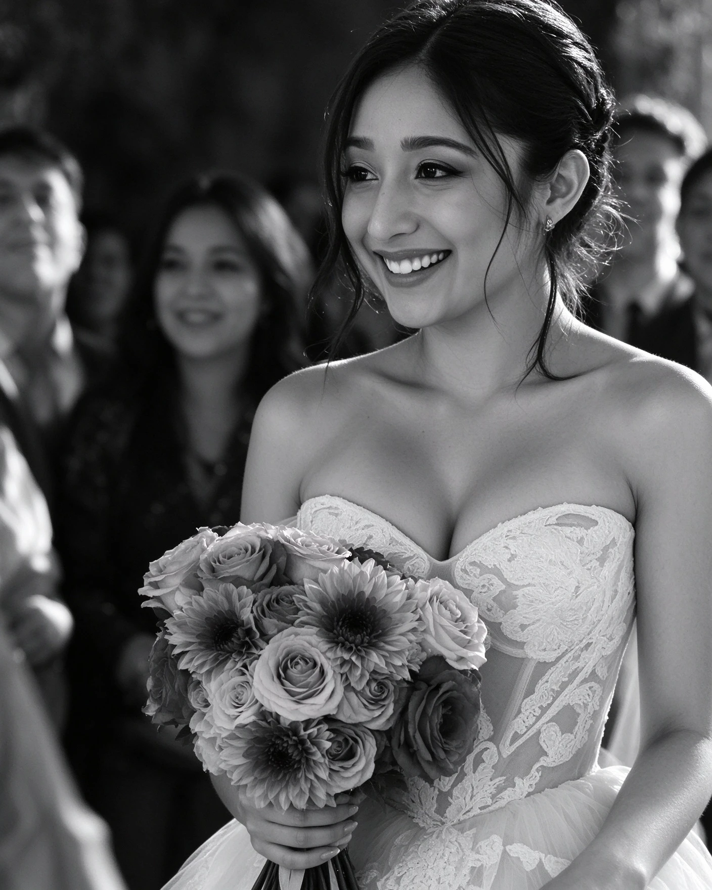 Sweetheart lace bodice paired with a summer bridal bouquet