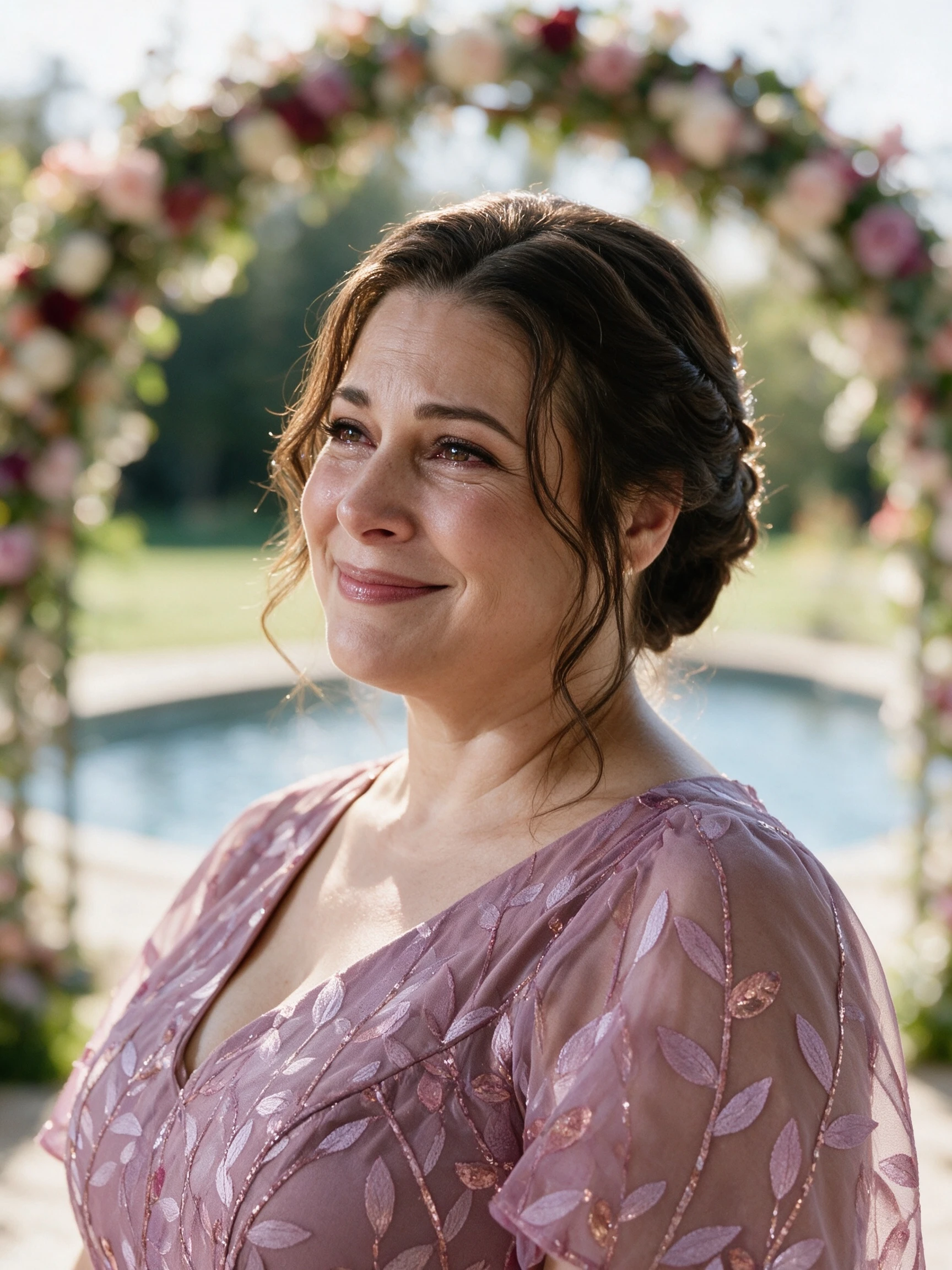 Happy mother smiling in a dusty rose leaf pattern wedding gown