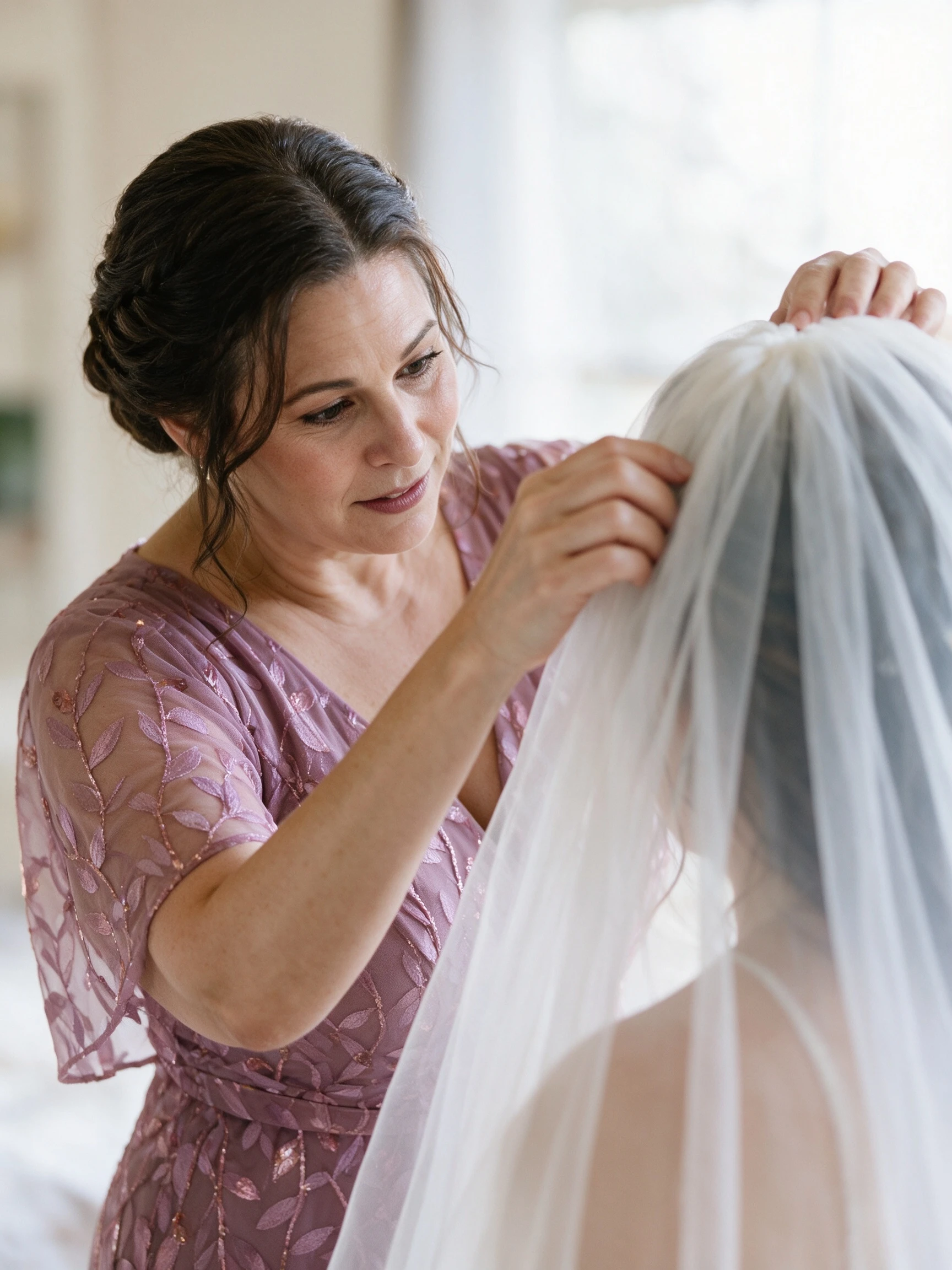 Mother gently adjusting her daughter's bridal veil before the ceremony
