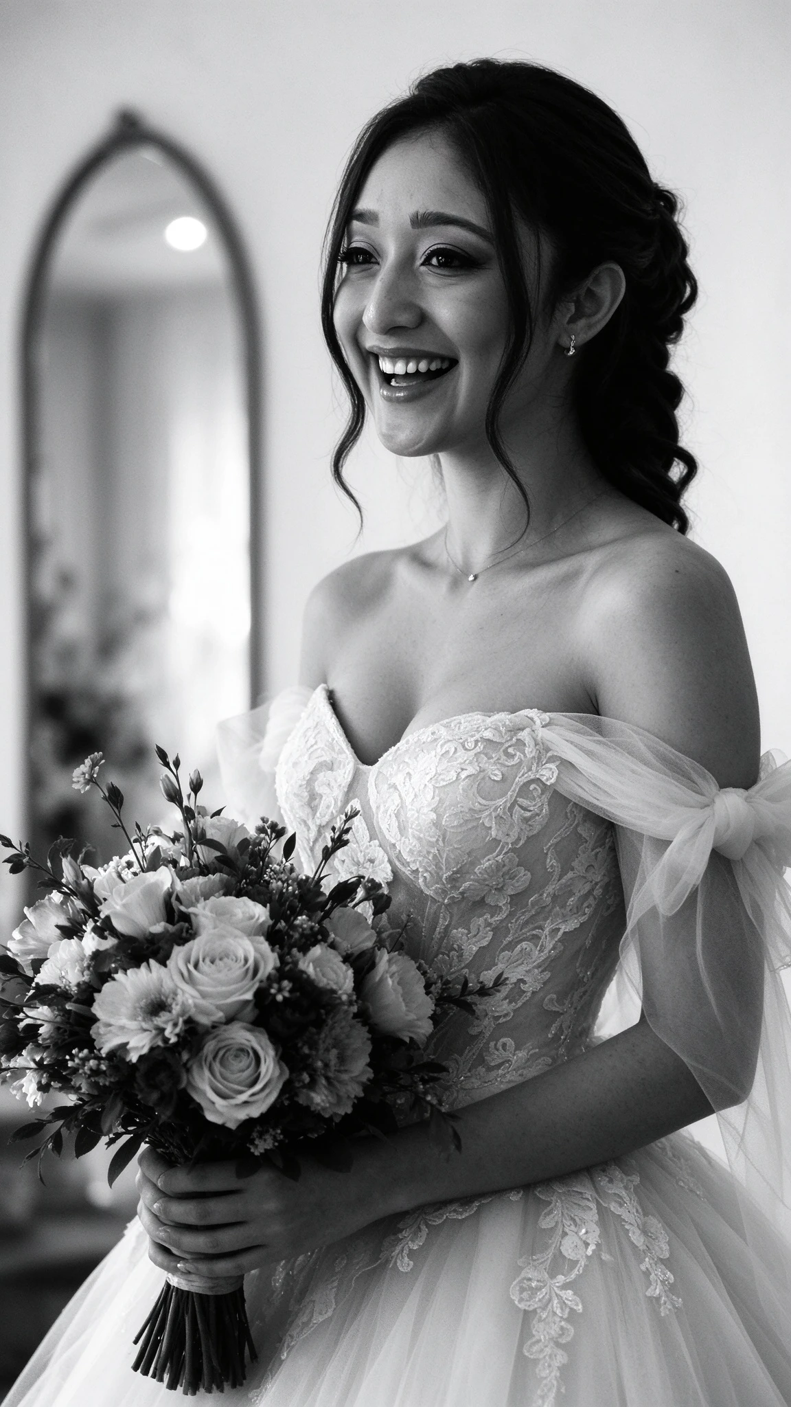 Bride holding a white rose bouquet with a romantic tulle bow sleeve