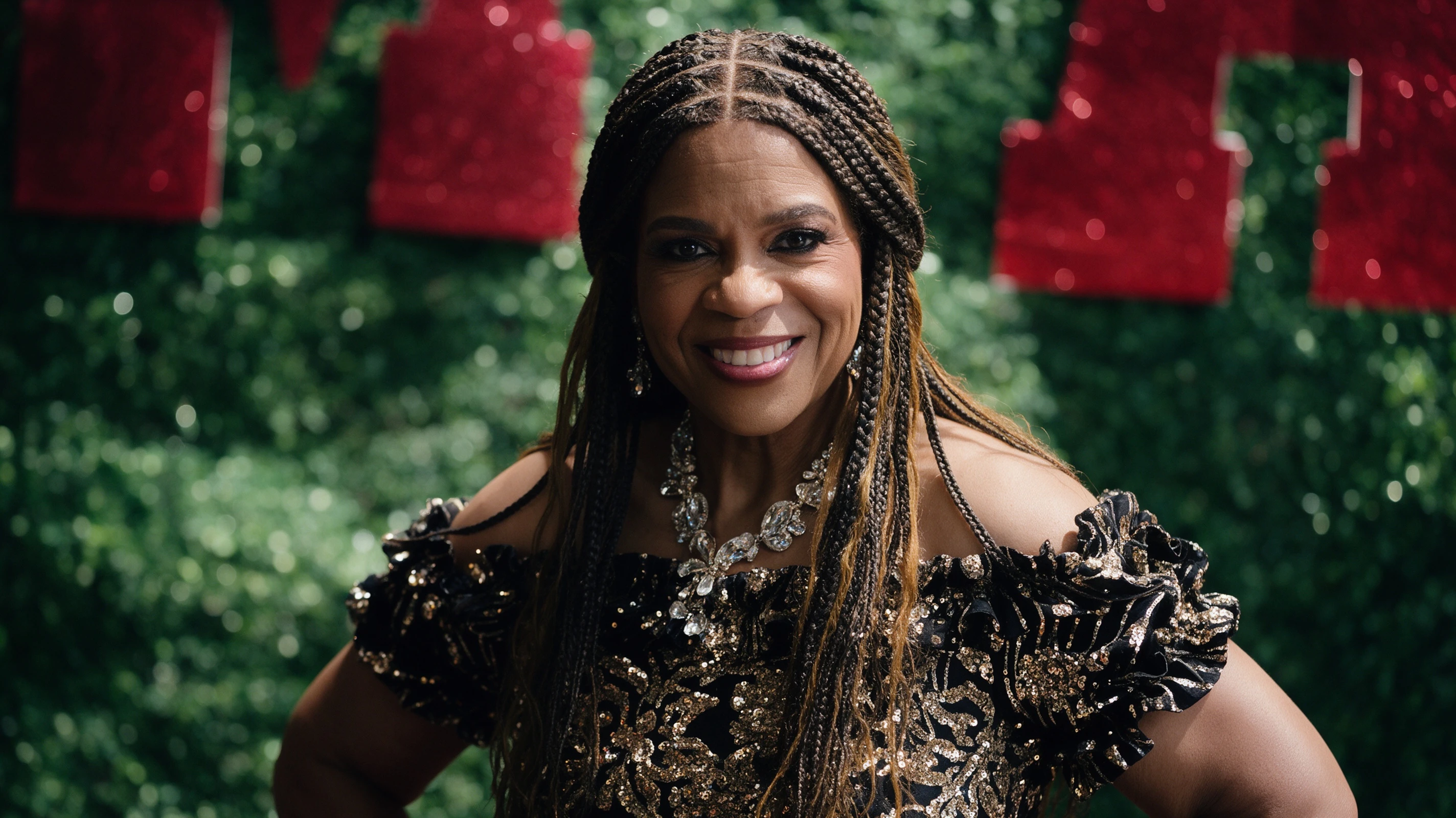 Off shoulder black and gold sequin gown portrait against green hedge wall