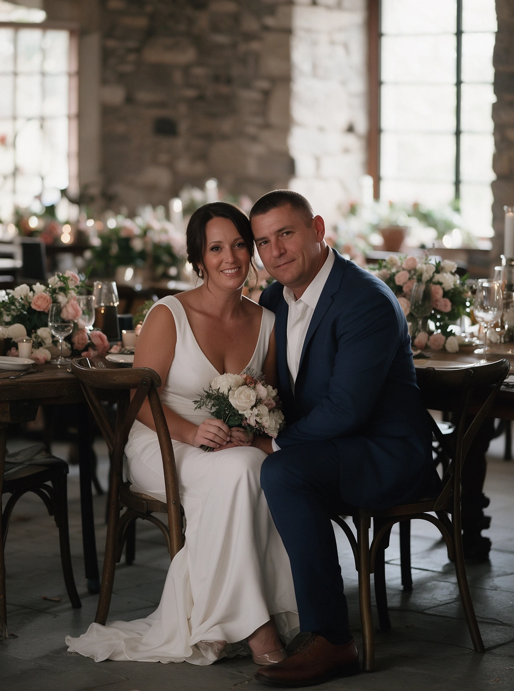 Bride and groom cuddling at a candlelit winery wedding reception in a white crepe sheath wedding gown