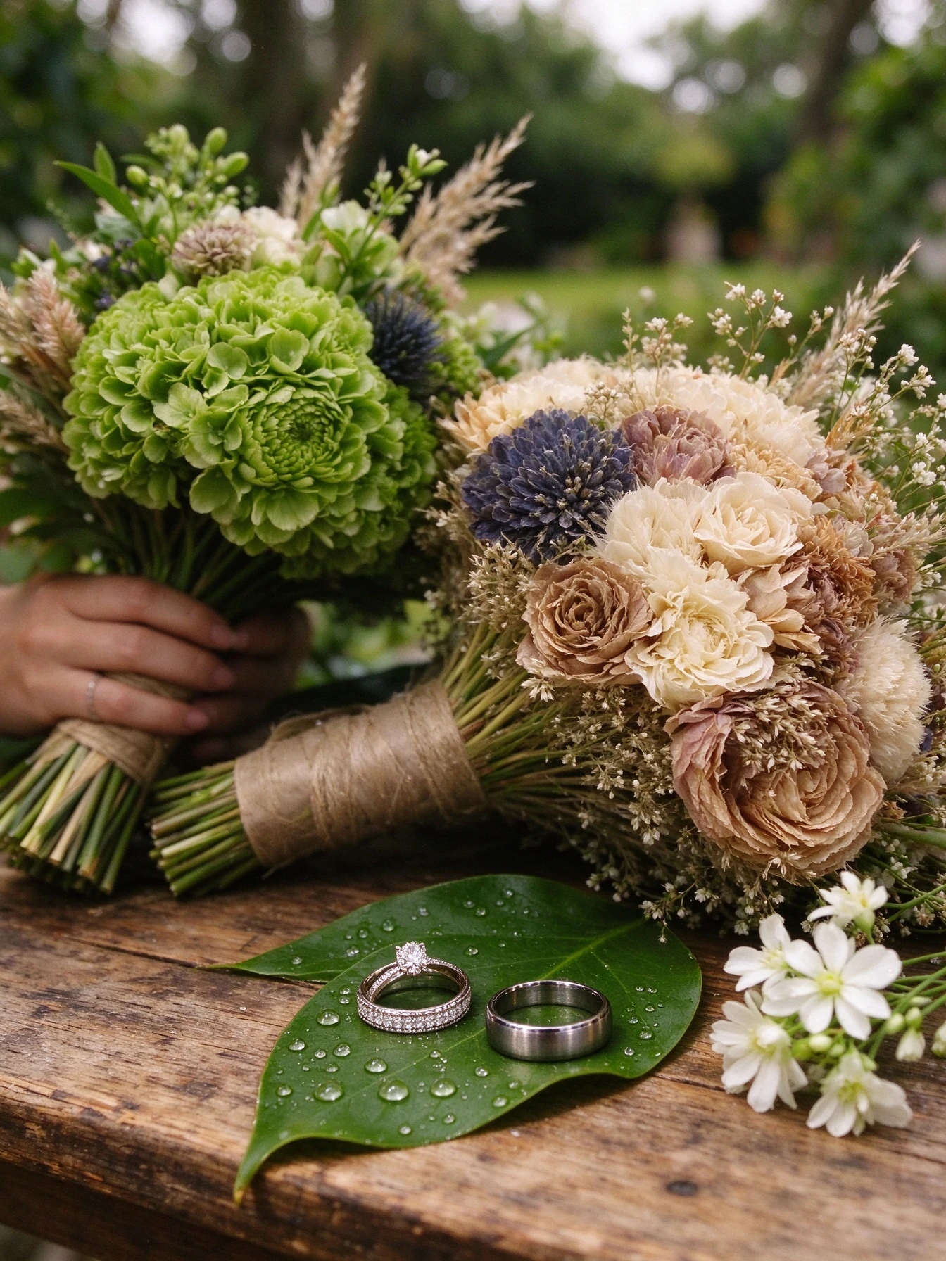 Dried wedding bouquet and wedding rings resting on a rustic wooden table