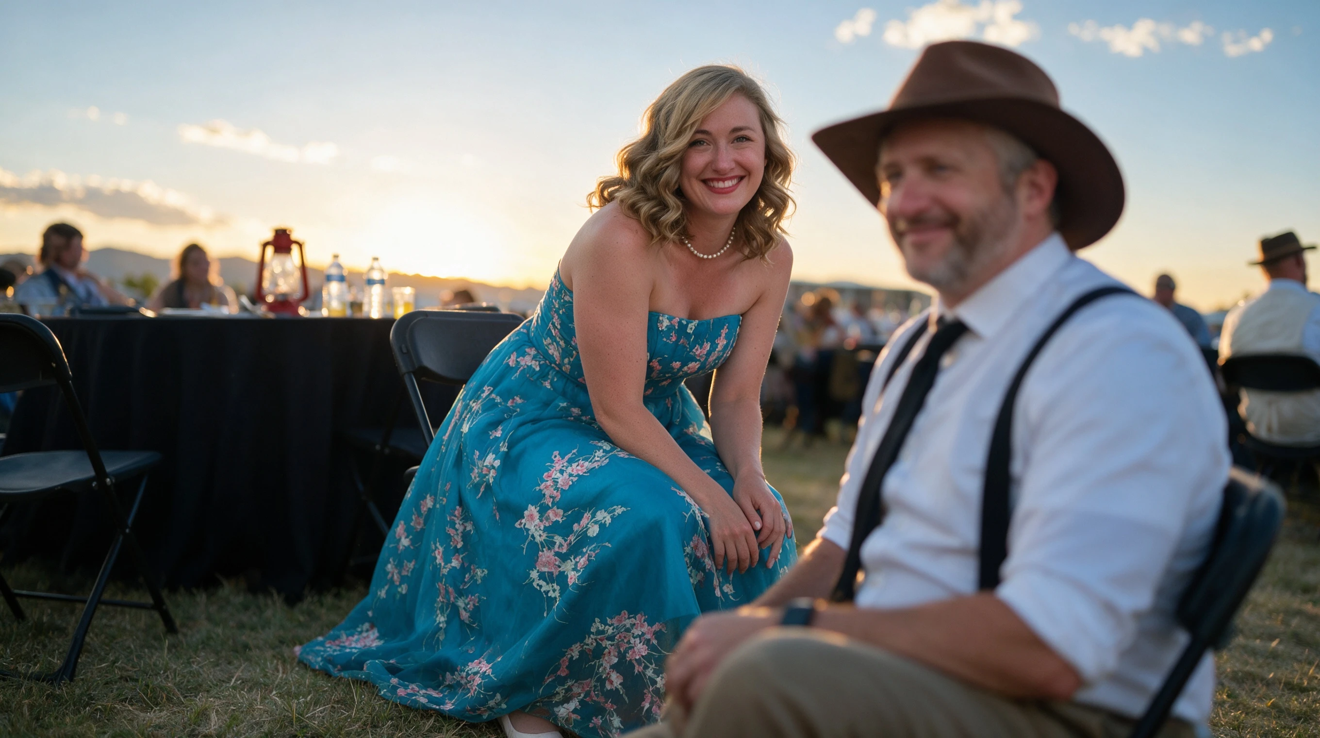 Woman in a cream floral lace A-line dress with a gentleman at an outdoor event