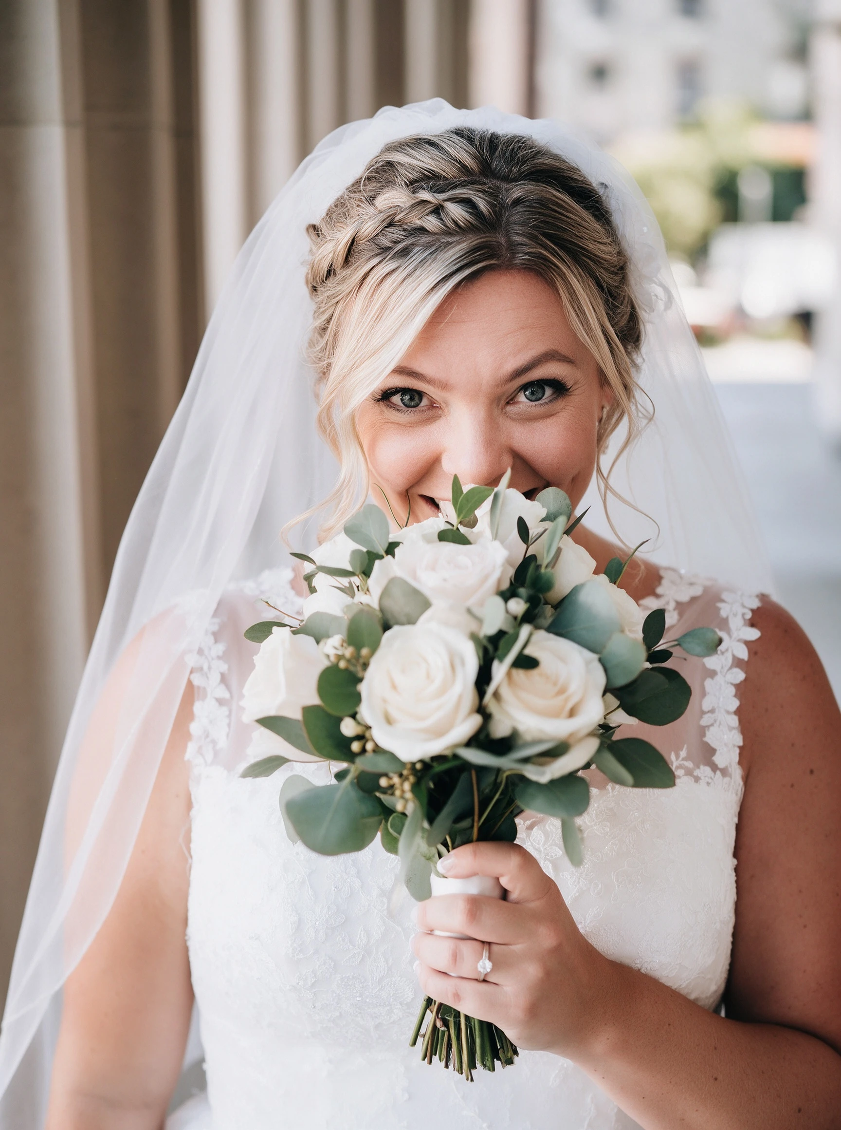 Peeking through flowers in my short lace wedding dress