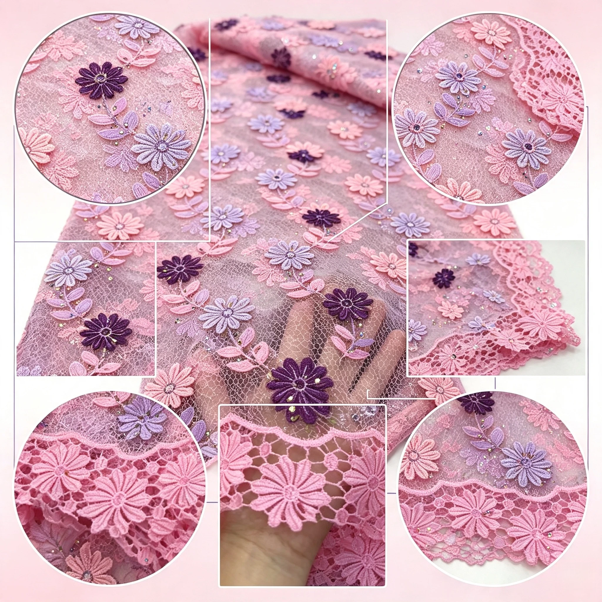 ANNAKOO custom pink lace fabric with lavender and plum 3D floral embroidery