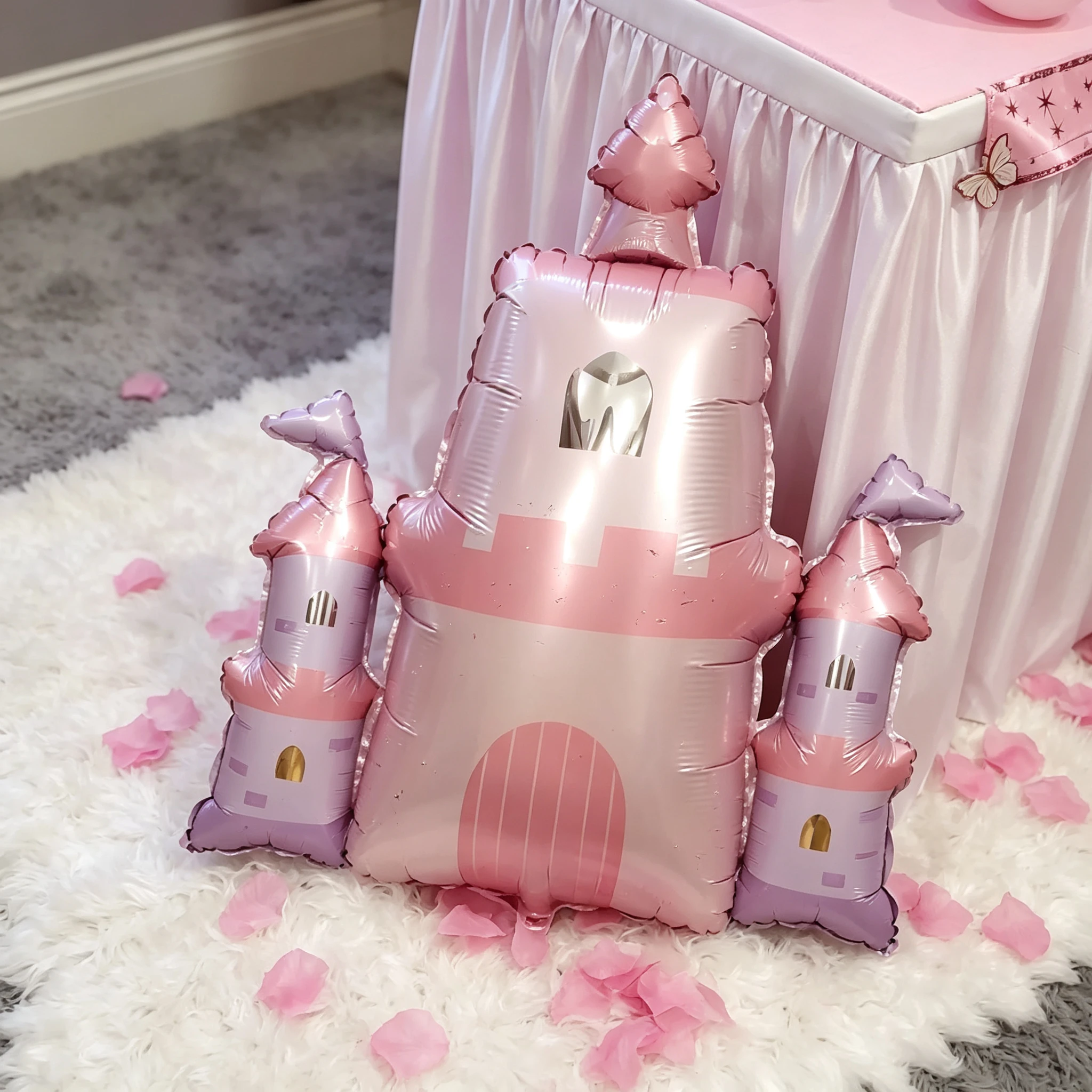Pink and purple castle balloons for a princess birthday party