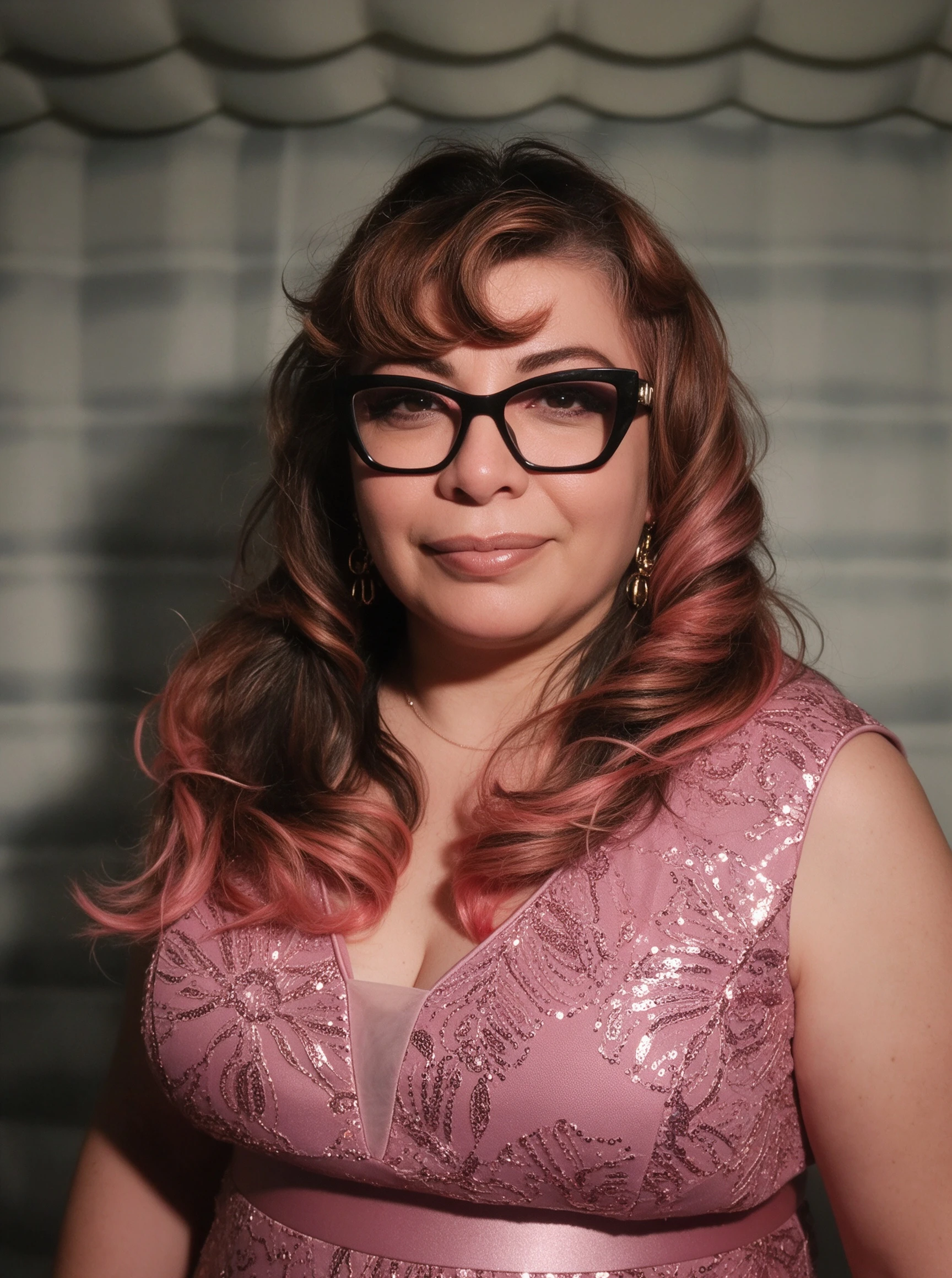 Close-up portrait wearing pink sequin wedding guest dress