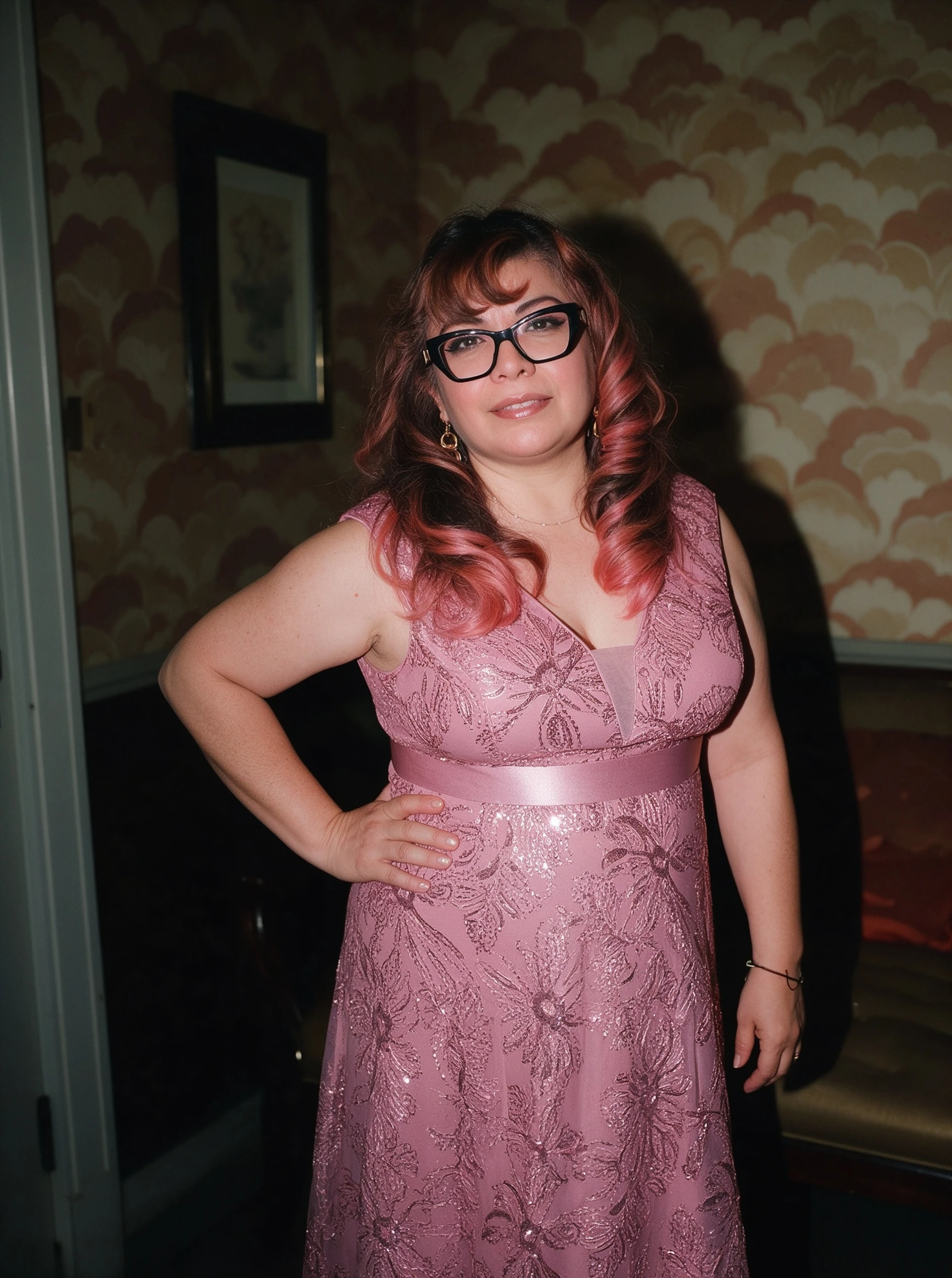 Pink sequin wedding guest dress full-length indoor view