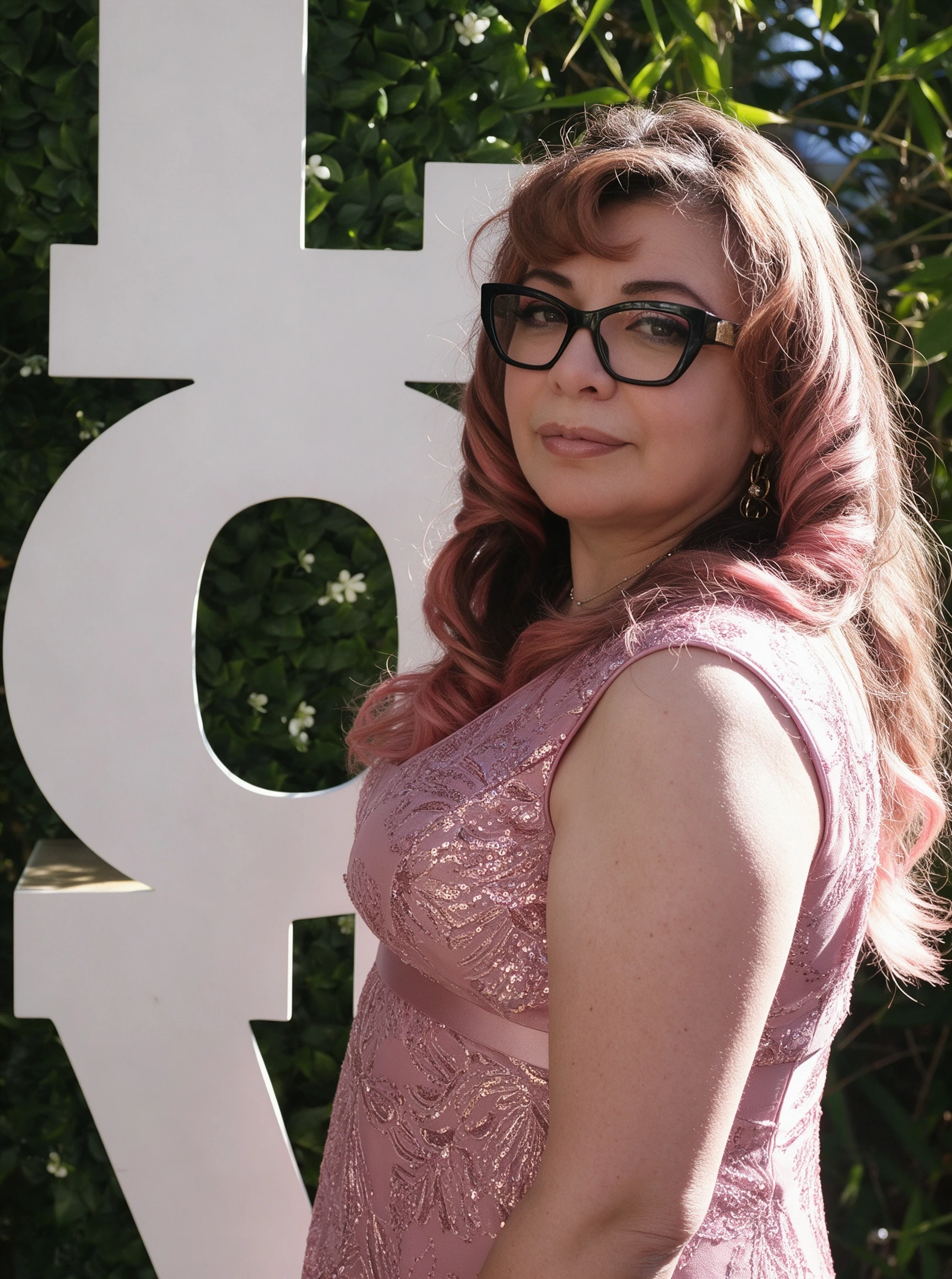 Pink sequin dress beside white LOVE letters