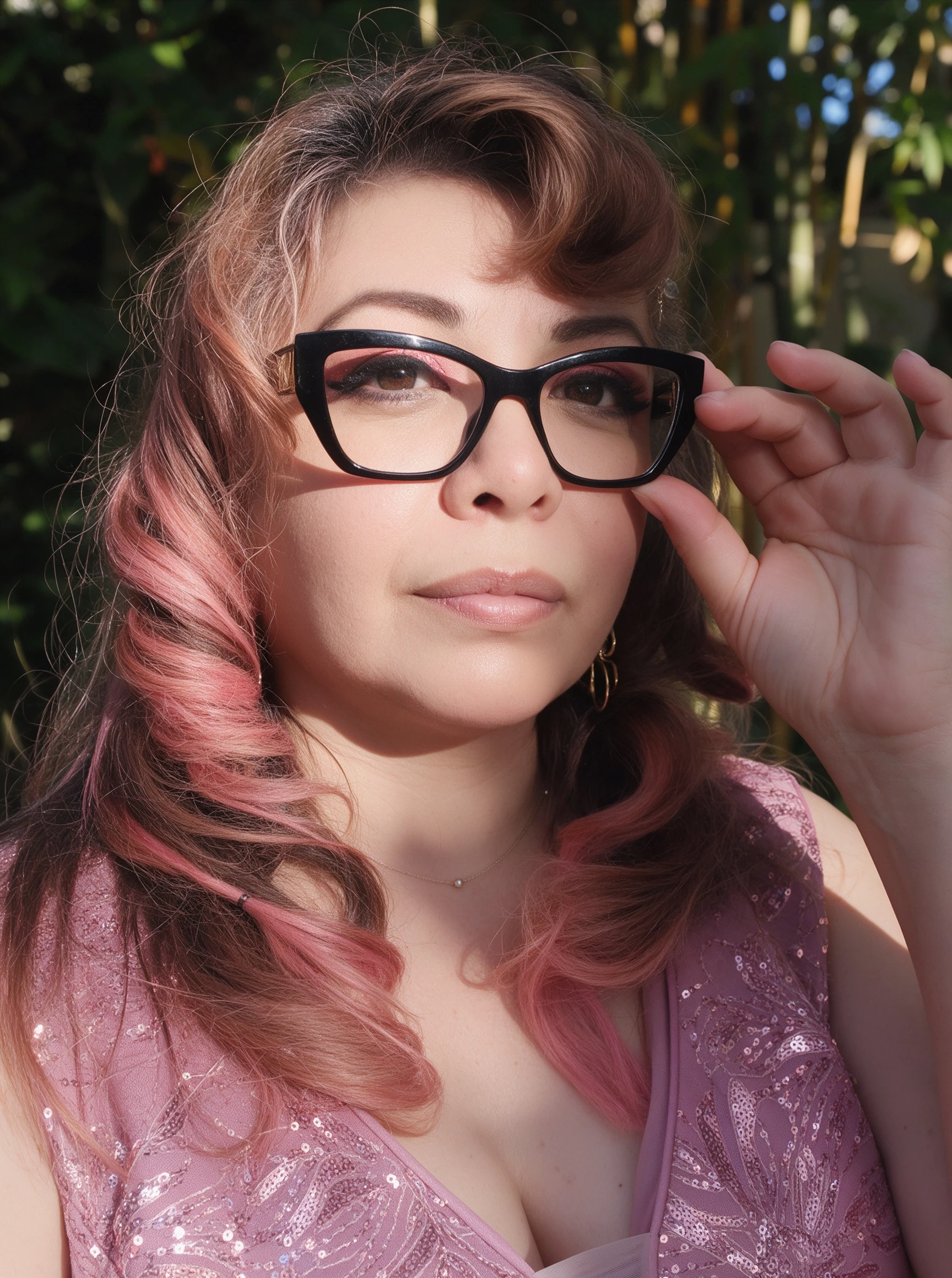 Outdoor close-up of pink sequin wedding guest dress