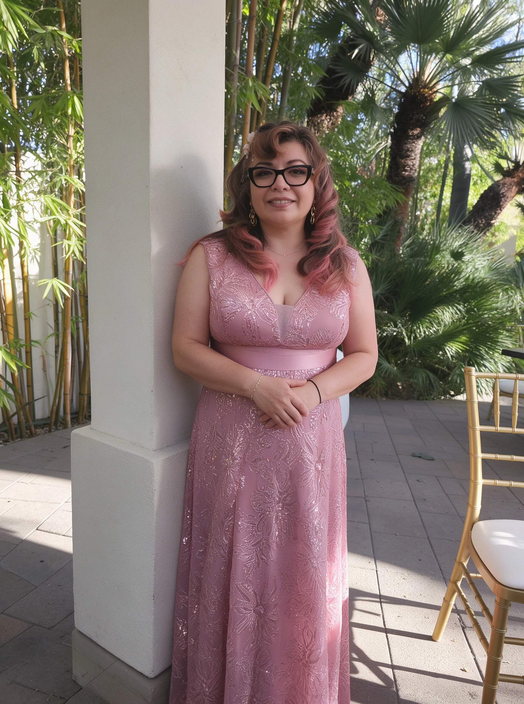 Pink wedding guest dress at an outdoor garden wedding