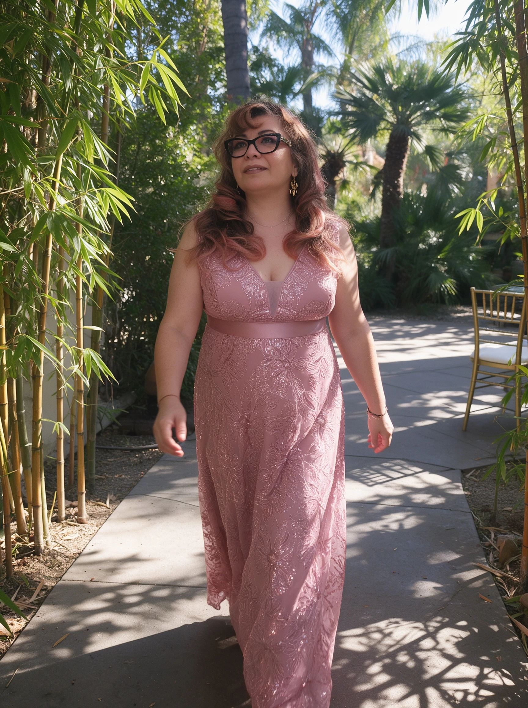 Pink wedding guest dress walking through garden