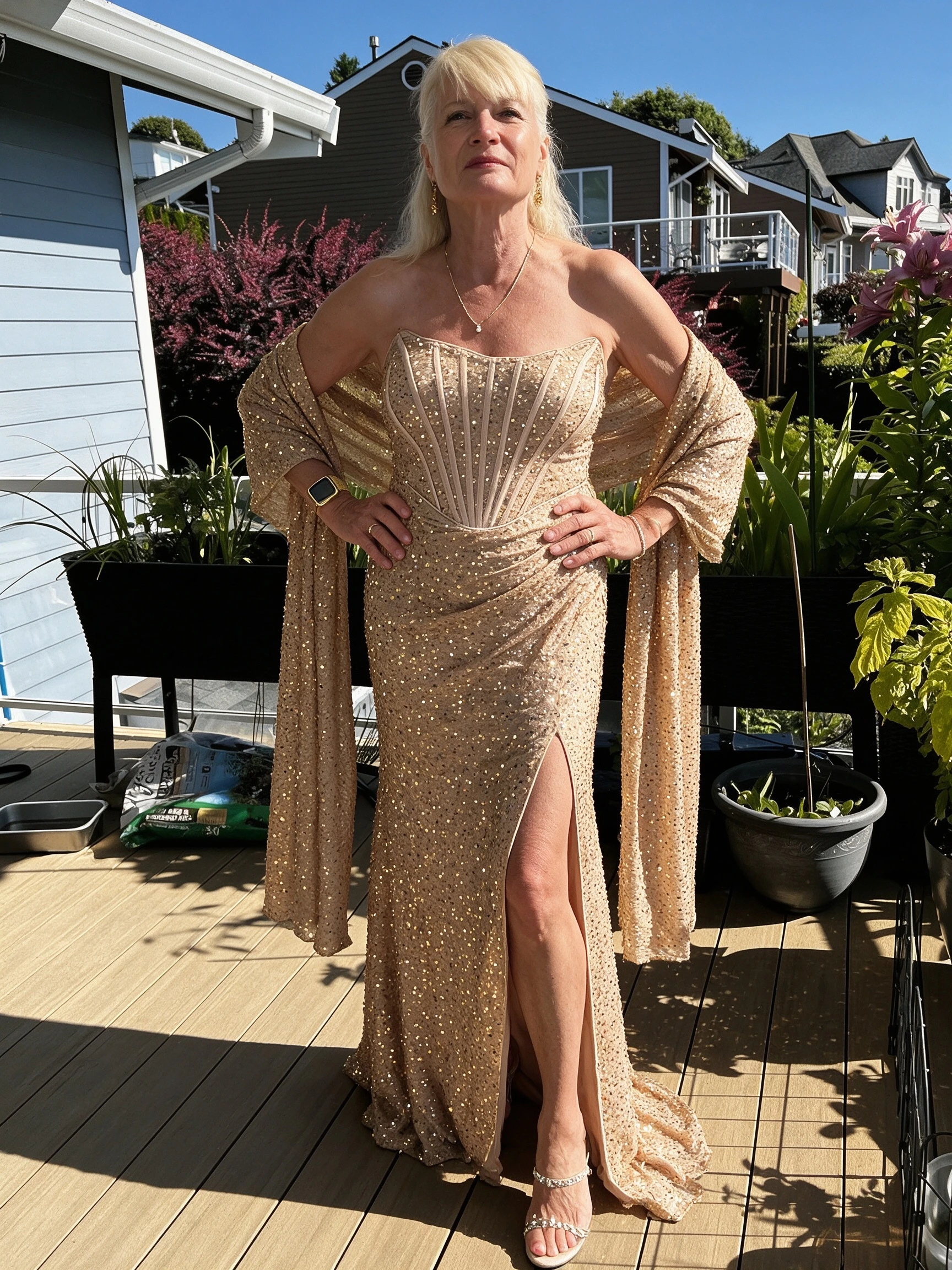 Detachable shawl on strapless gold gown
