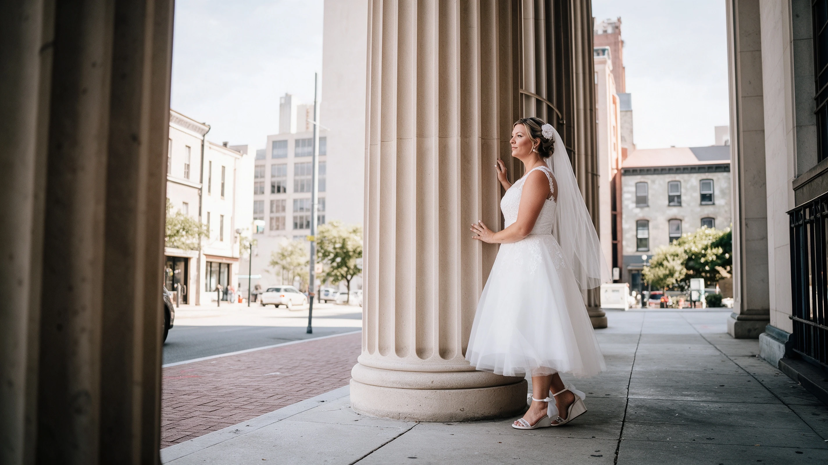 Posing in my budget short lace wedding dress downtown