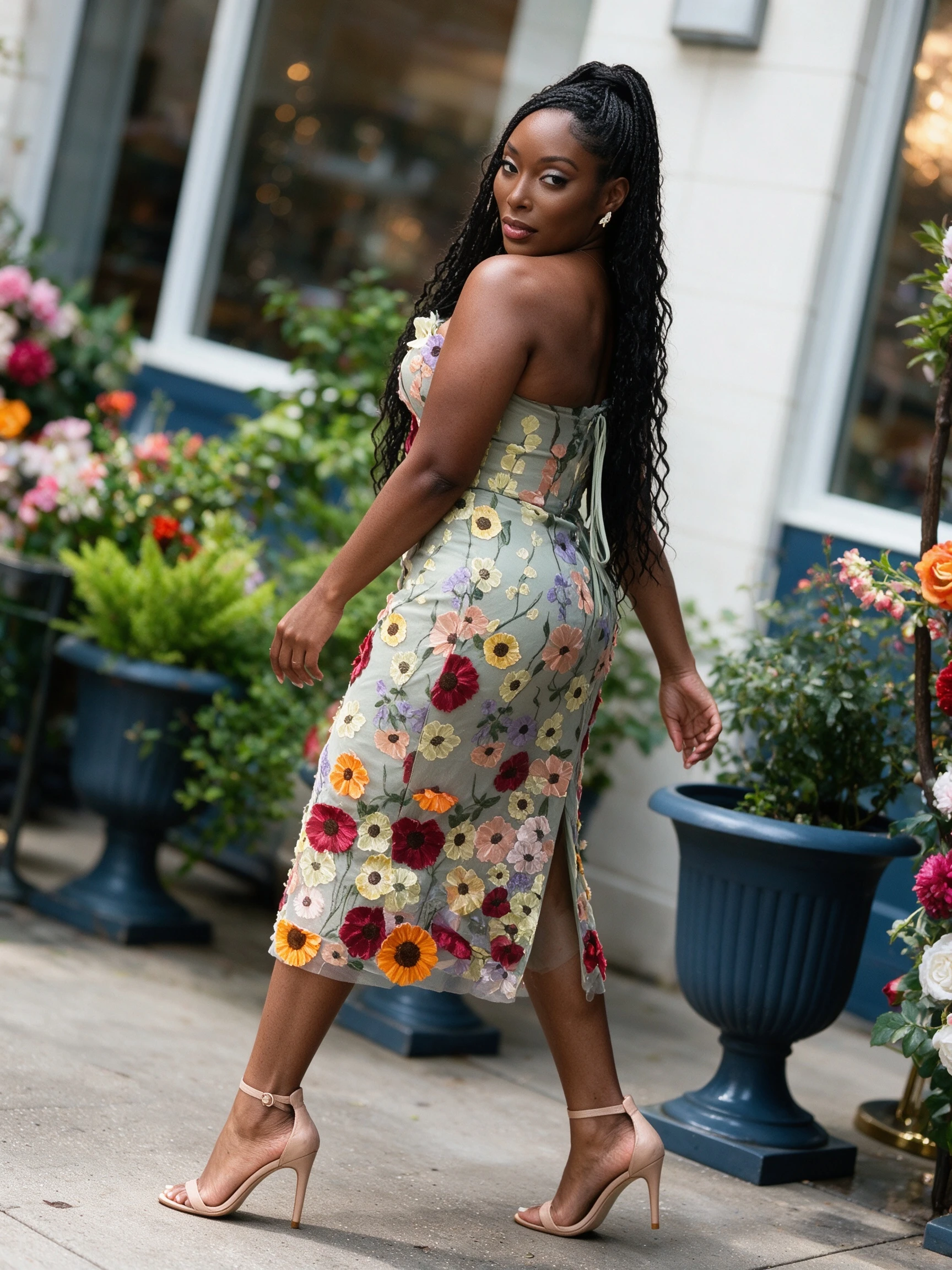 Woman posing in a strapless floral print dress in a garden setting