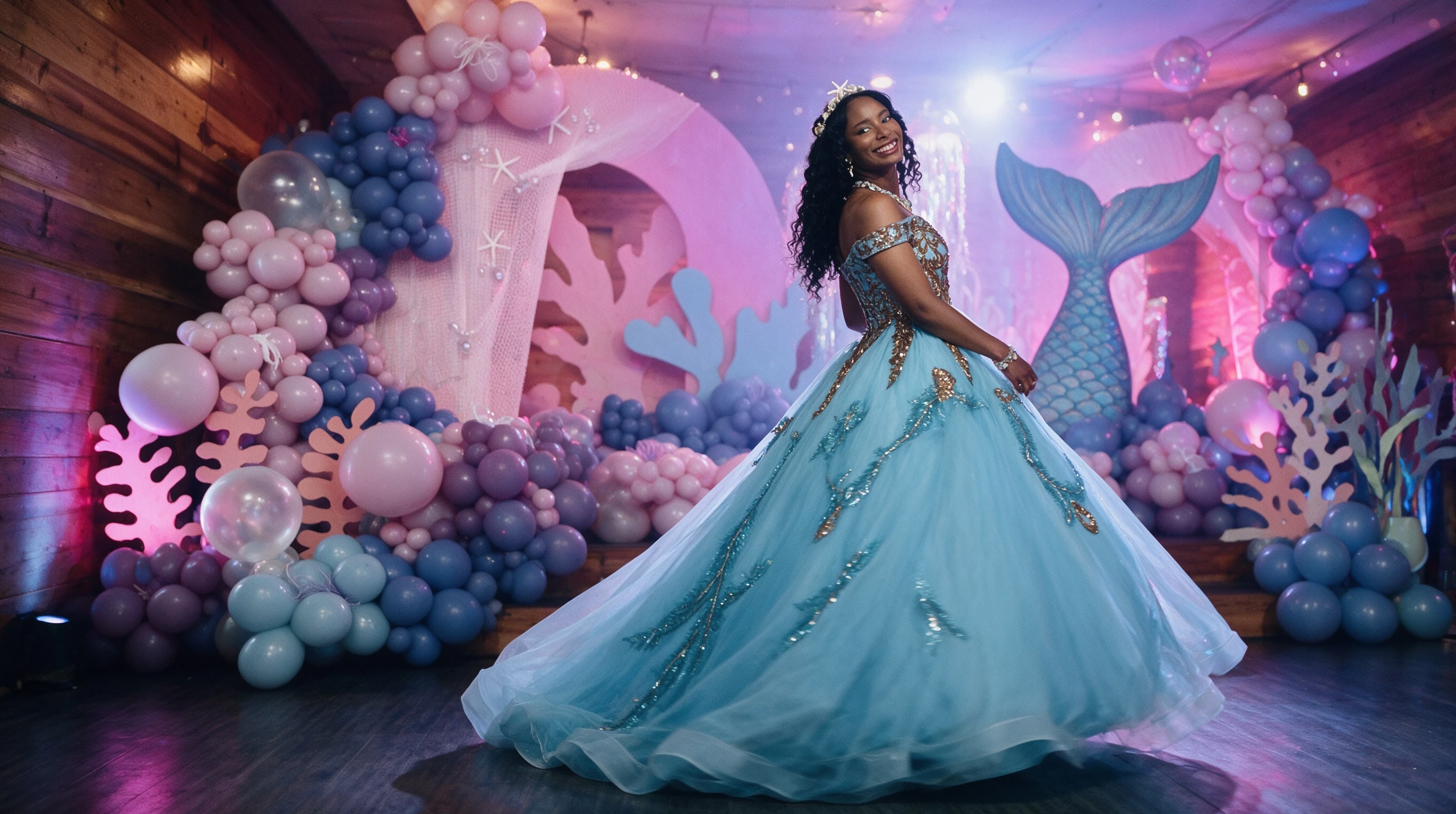 Turquoise prom gown beside an Under the Sea balloon arch