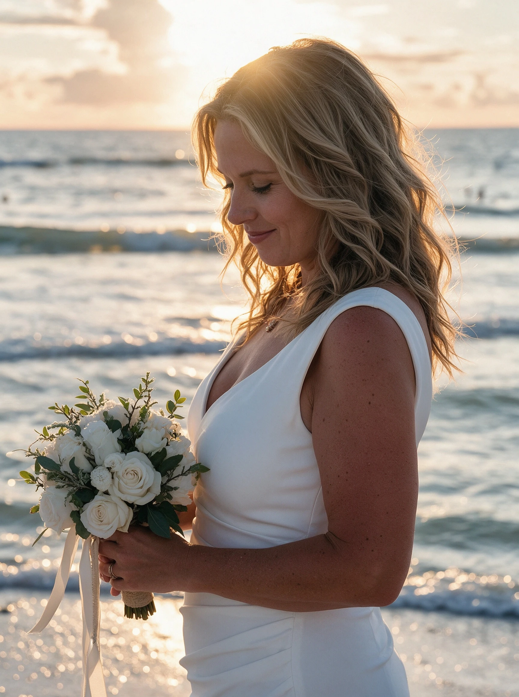 Bride holding white rose bouquet in a white deep V sleeveless wedding dress