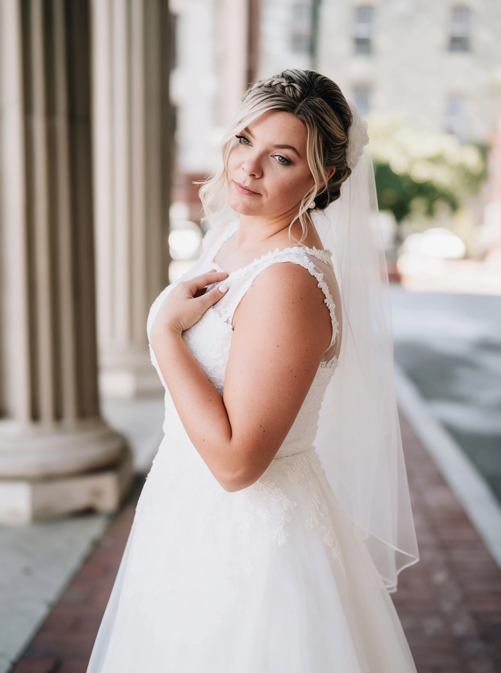 Quiet moment in my budget short lace wedding dress during the wedding day
