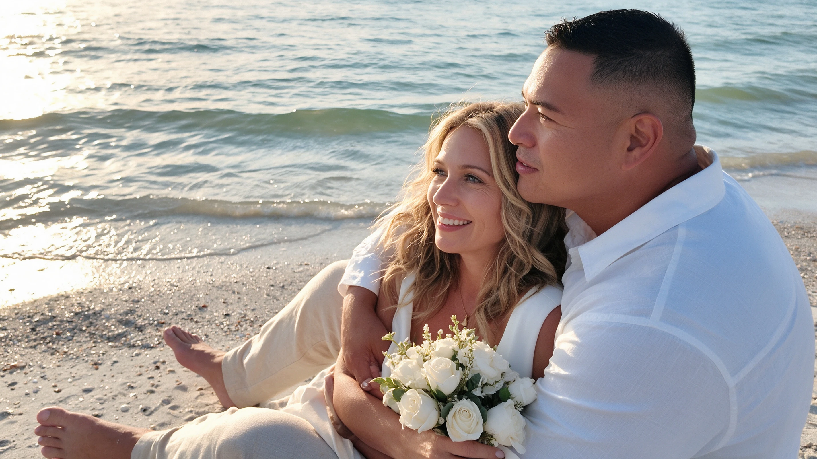 Bride resting against her husband in a white deep V mermaid wedding dress at Siesta Key Beach