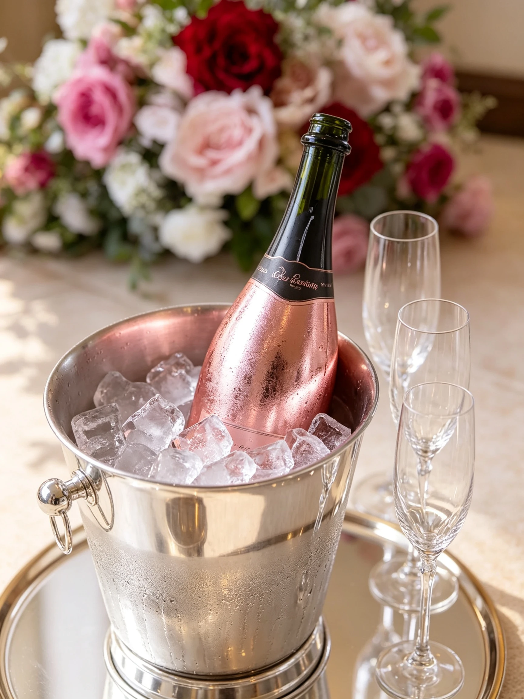 Rose champagne prepared for a daughter's wedding celebration