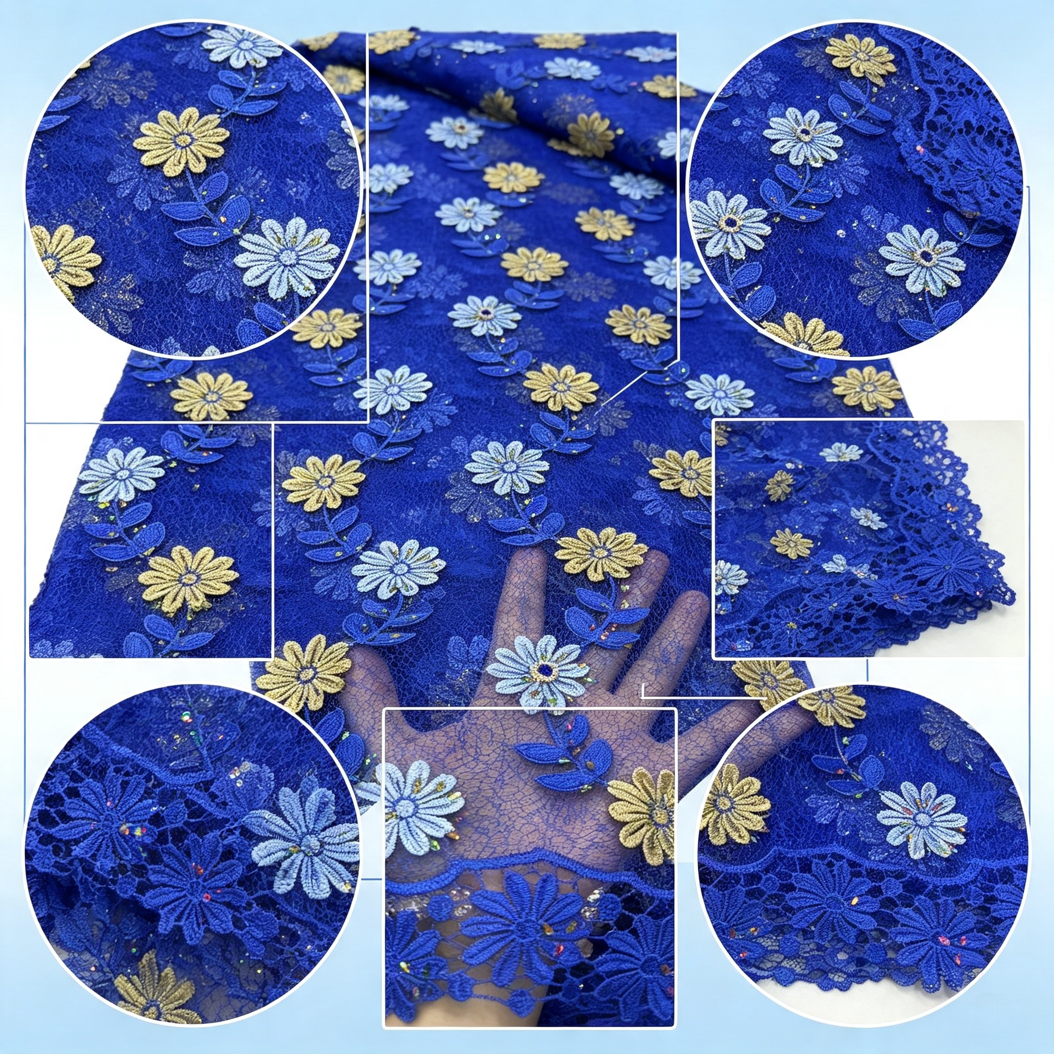 ANNAKOO custom royal blue floral embroidered mesh fabric with gold and white flowers
