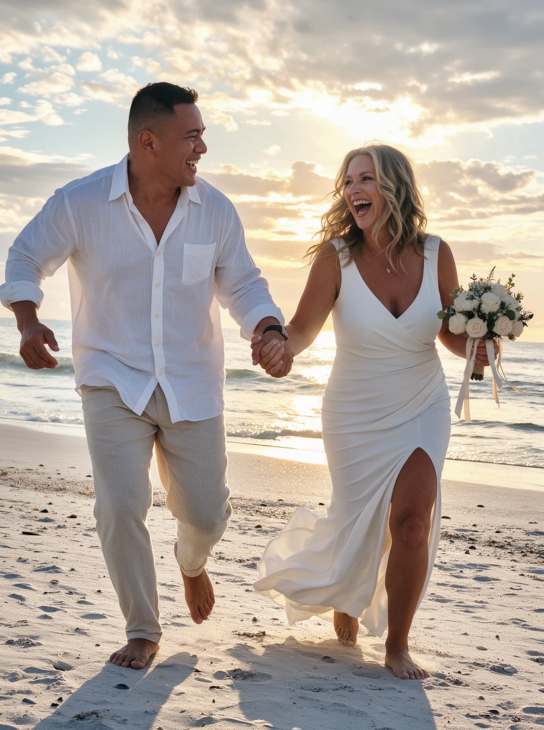 Bride and groom running hand in hand along Siesta Key Beach after their wedding