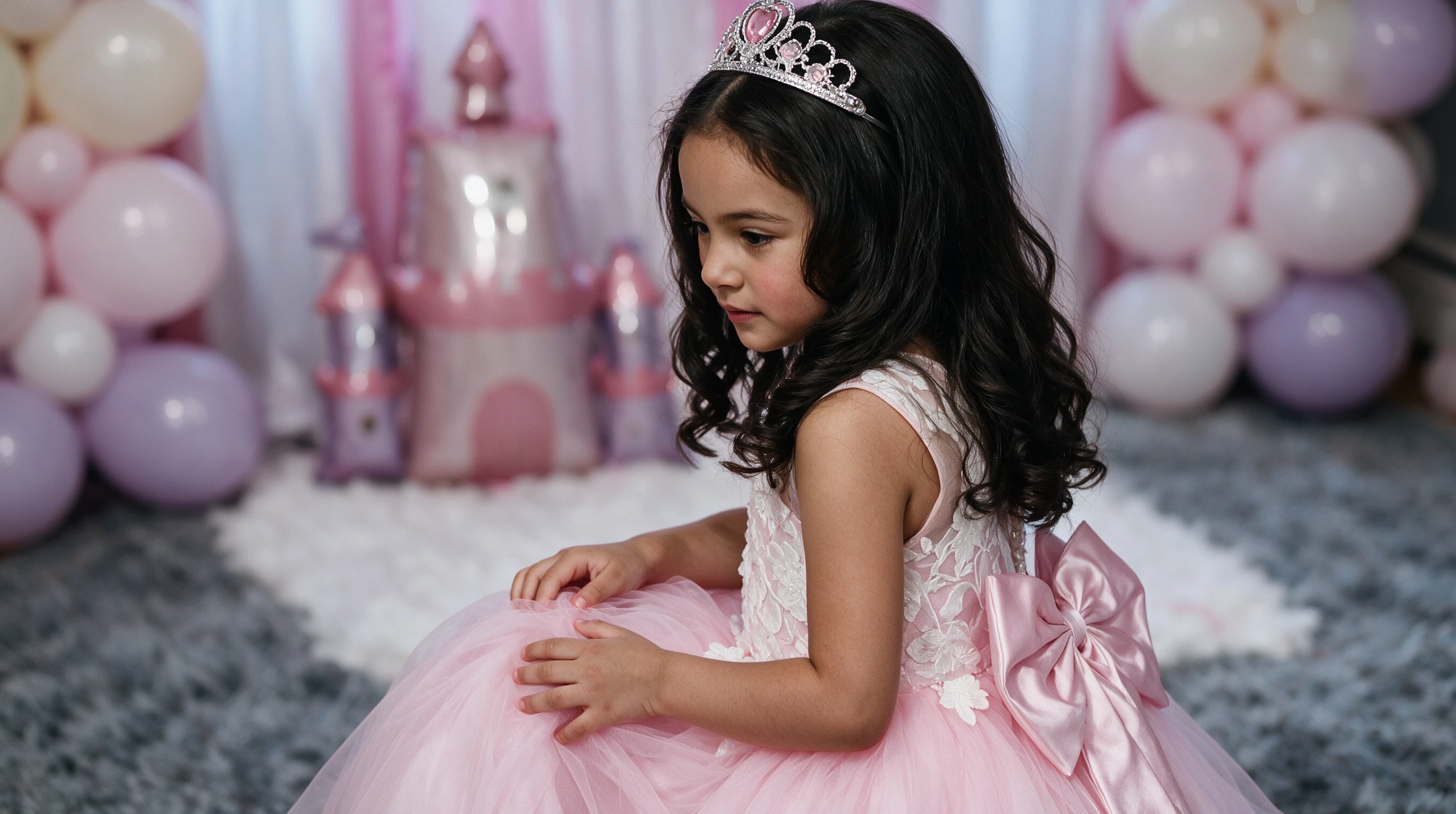 Girl seated in a pink princess gown looking down at the tulle skirt
