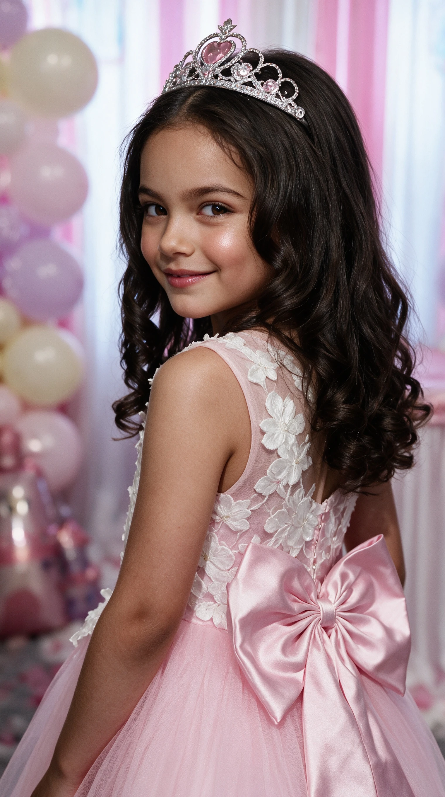 Side profile of a girl wearing a pink lace princess gown